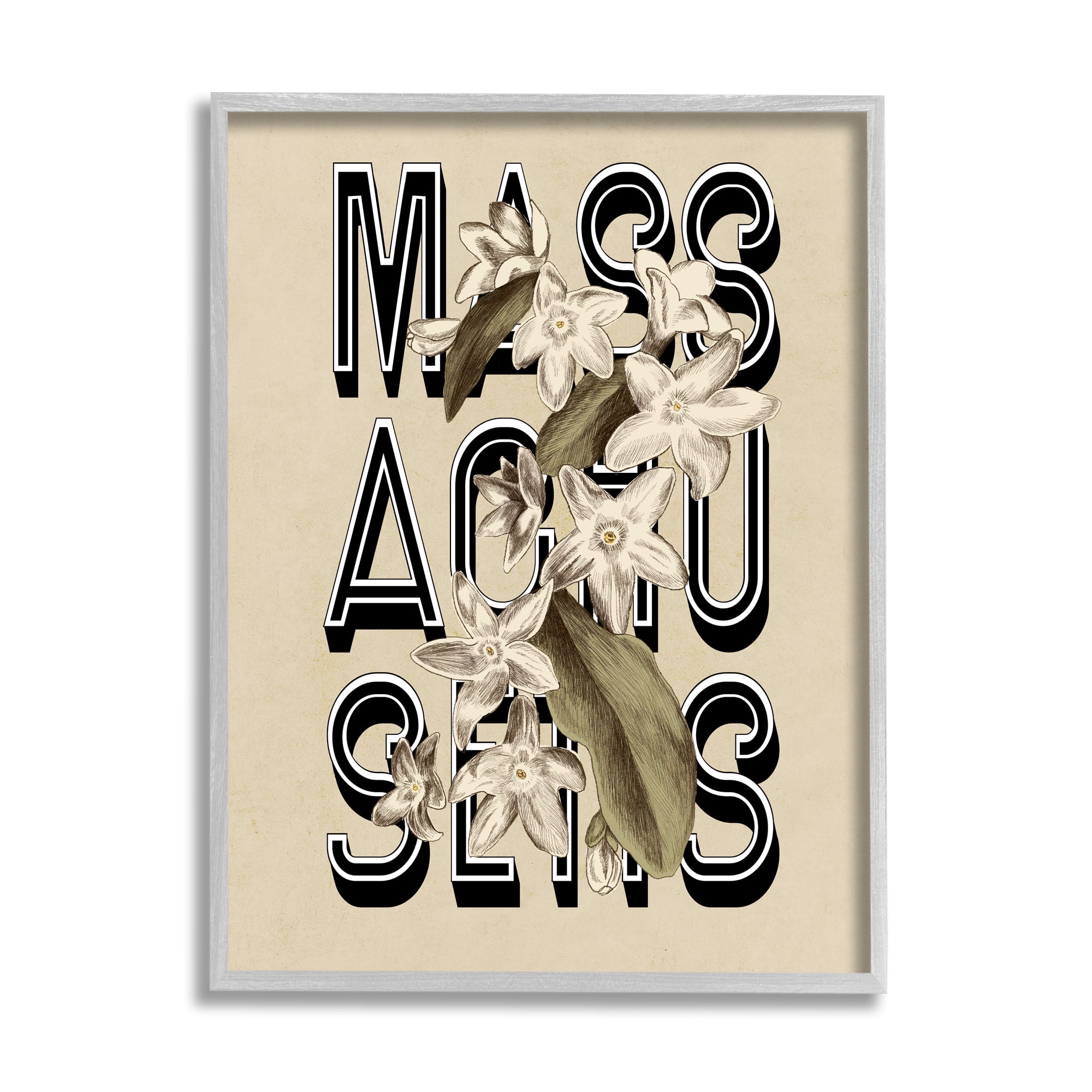 Stupell Industries Massachusetts State Mayflower Blossoms Intertwining Typography Graphic Art Gray Framed Art Print Wall Art, Design by Daphne Polselli