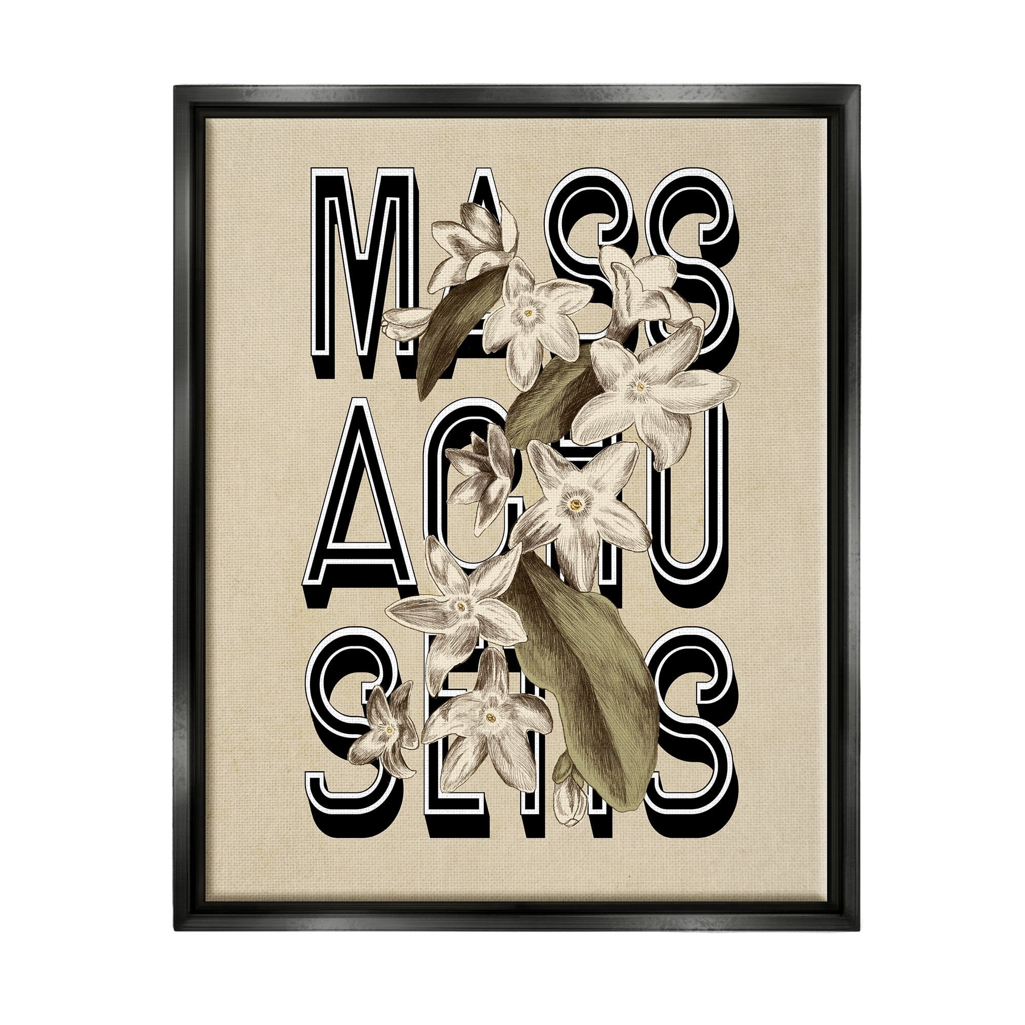 Stupell Industries Massachusetts State Mayflower Blossoms Intertwining Typography Graphic Art Jet Black Floating Framed Canvas Print Wall Art, Design by Daphne Polselli