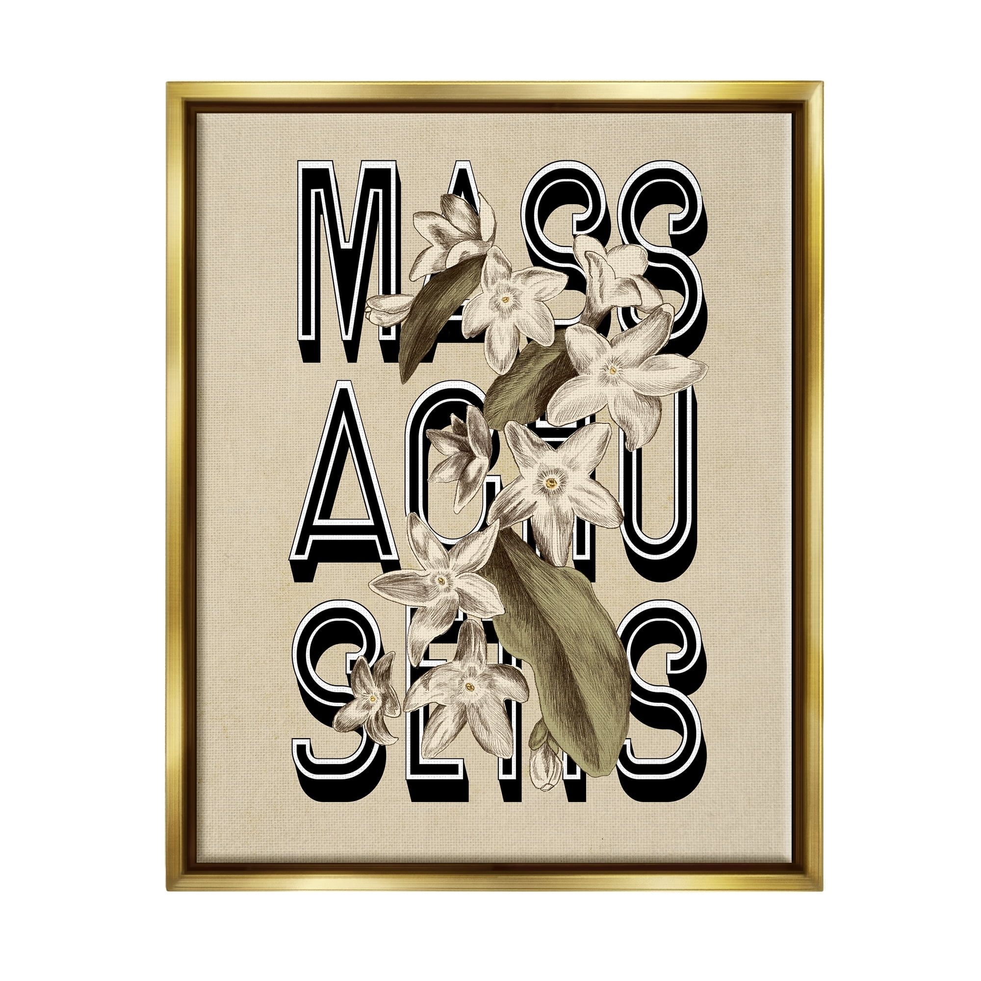 Stupell Industries Massachusetts State Mayflower Blossoms Intertwining Typography Graphic Art Metallic Gold Floating Framed Canvas Print Wall Art, Design by Daphne Polselli
