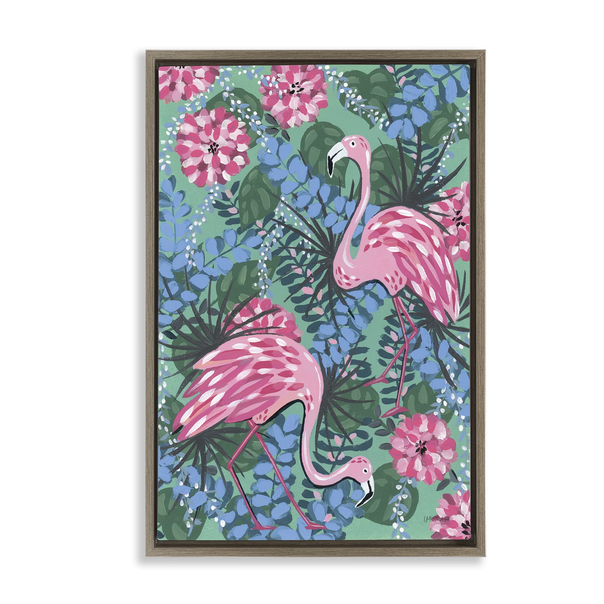 Stupell Industries Maximalist Flamingos Pattern Animals & Insects Painting Brown Floater Framed Canvas Art Print Wall Art, 21 x 31