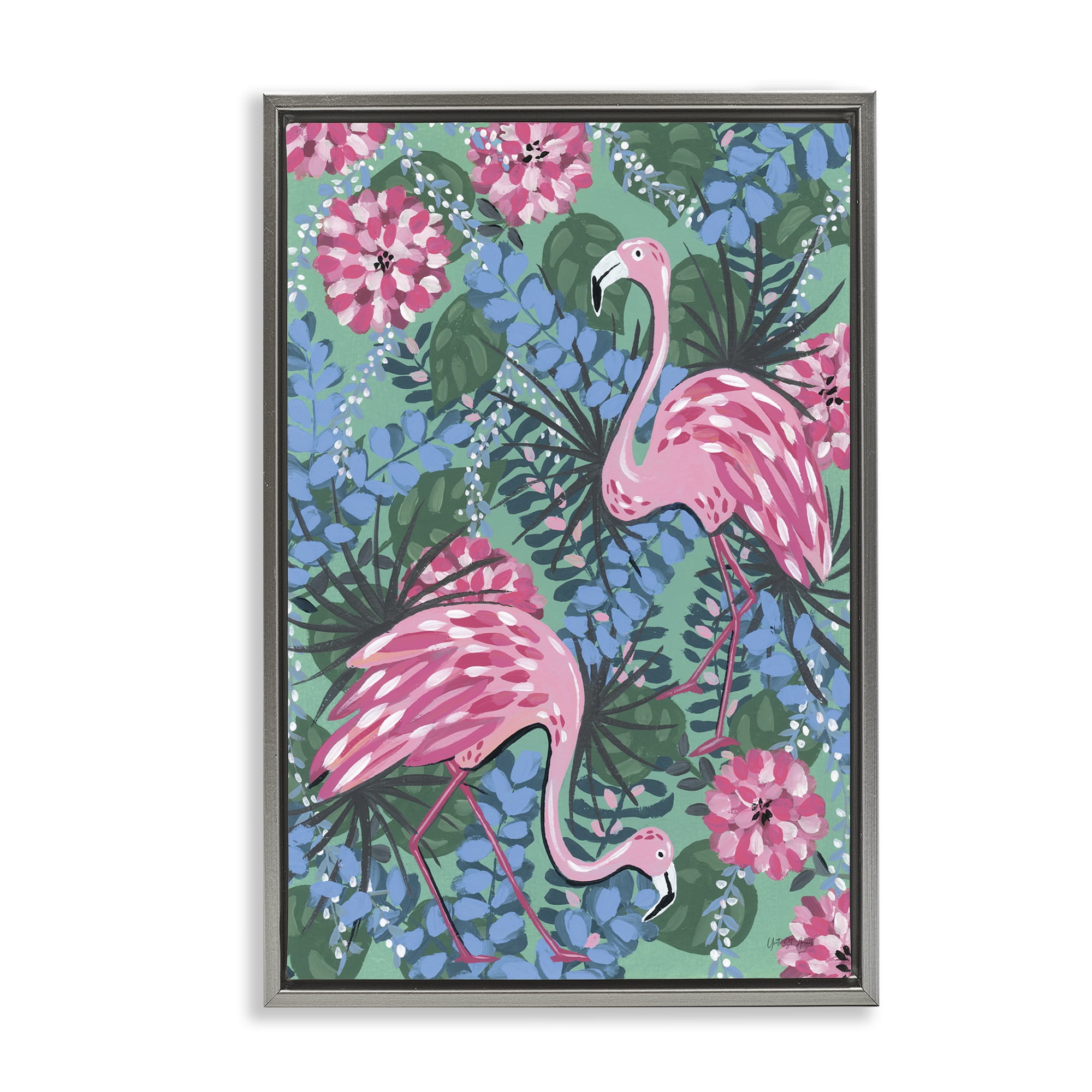 Stupell Industries Maximalist Flamingos Pattern Animals & Insects Painting Gray Floater Framed Canvas Art Print Wall Art, 21 x 31