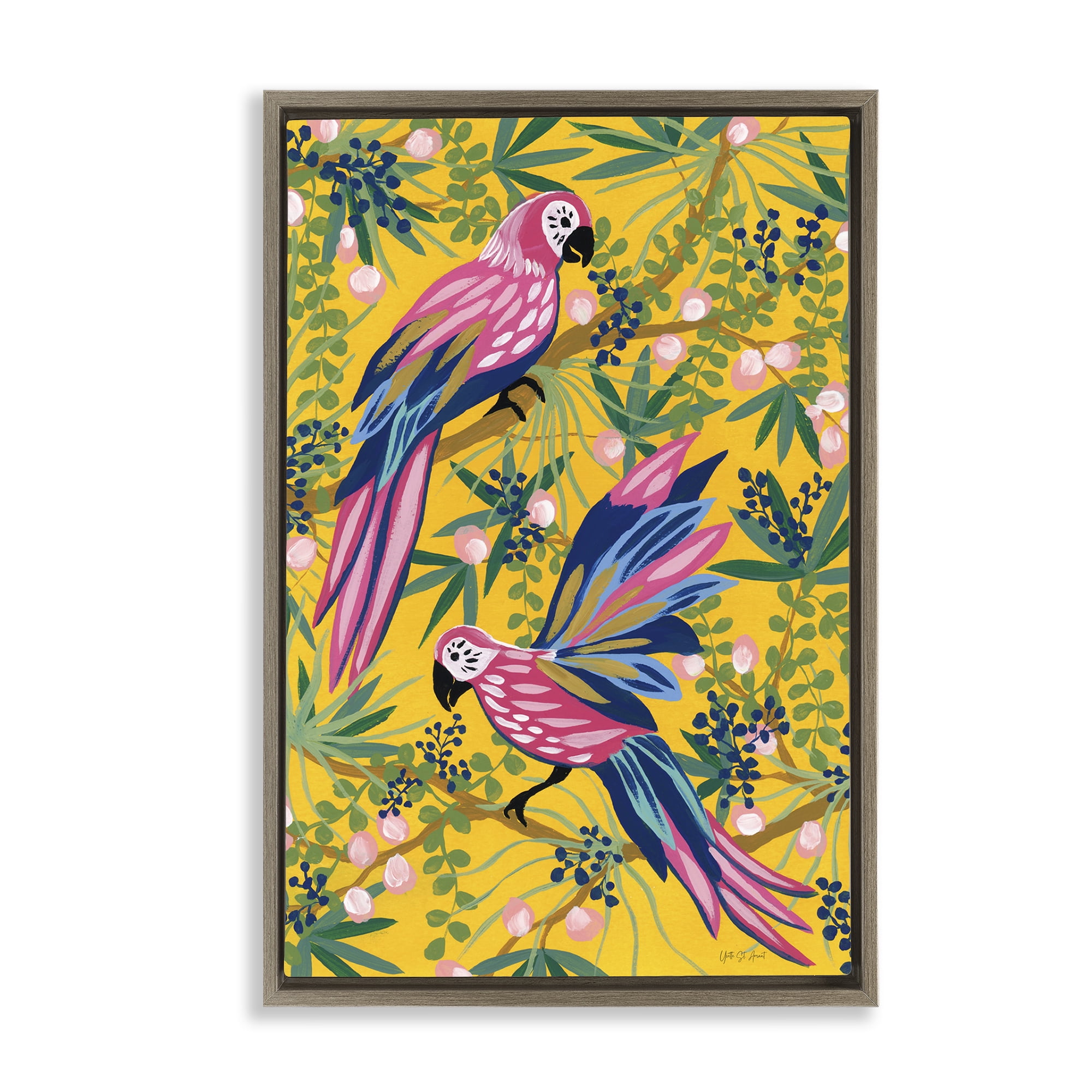 Stupell Industries Maximalist Parrots Pattern Animals & Insects Painting Brown Floater Framed Canvas Art Print Wall Art, 21 x 31