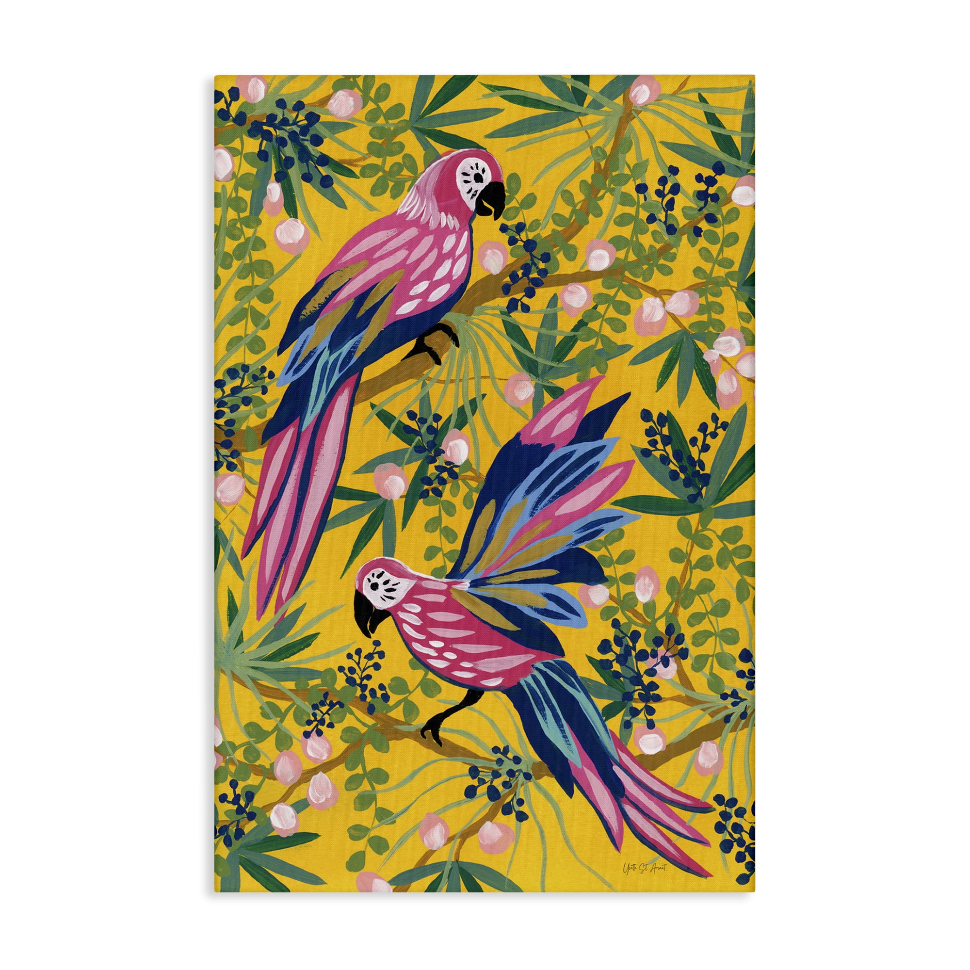 Vibrant Parrots Pattern Yellow Canvas Wall Art, 16 x 24
