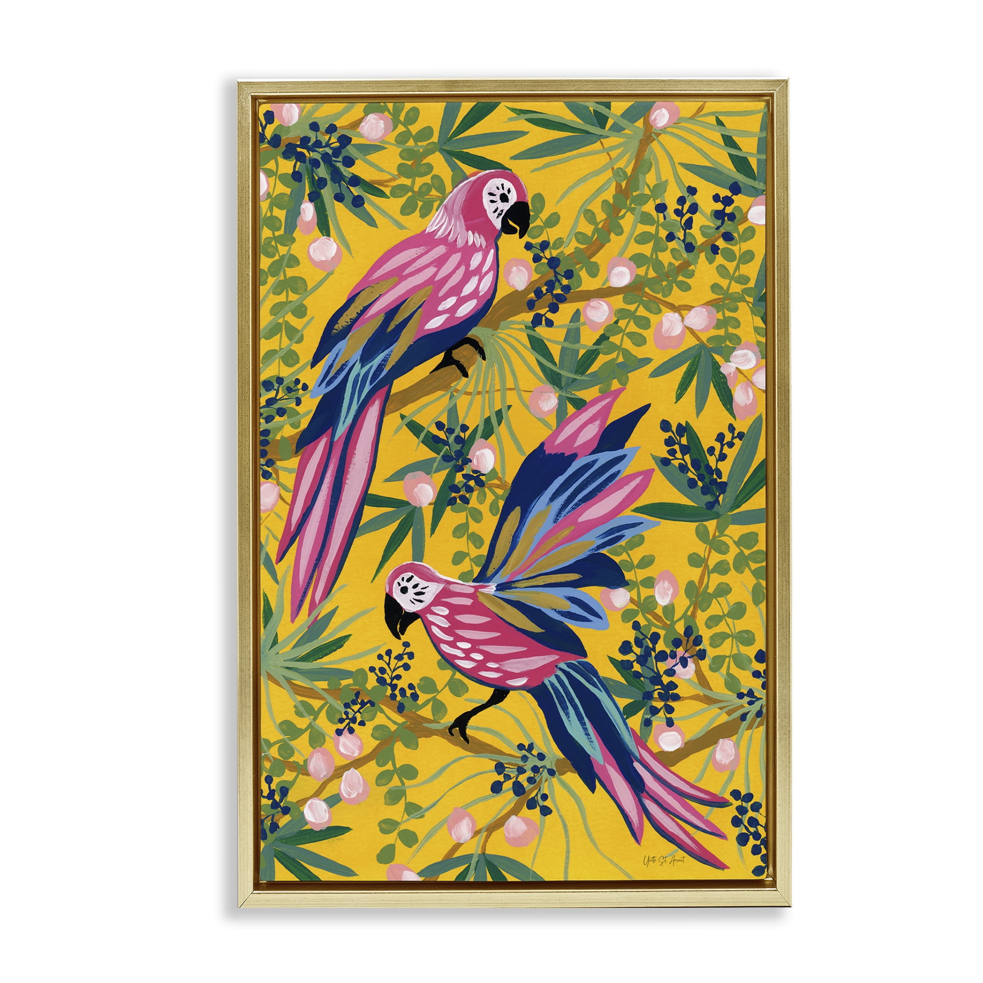 Stupell Industries Maximalist Parrots Pattern Animals & Insects Painting Gold Floater Framed Canvas Art Print Wall Art, 21 x 31