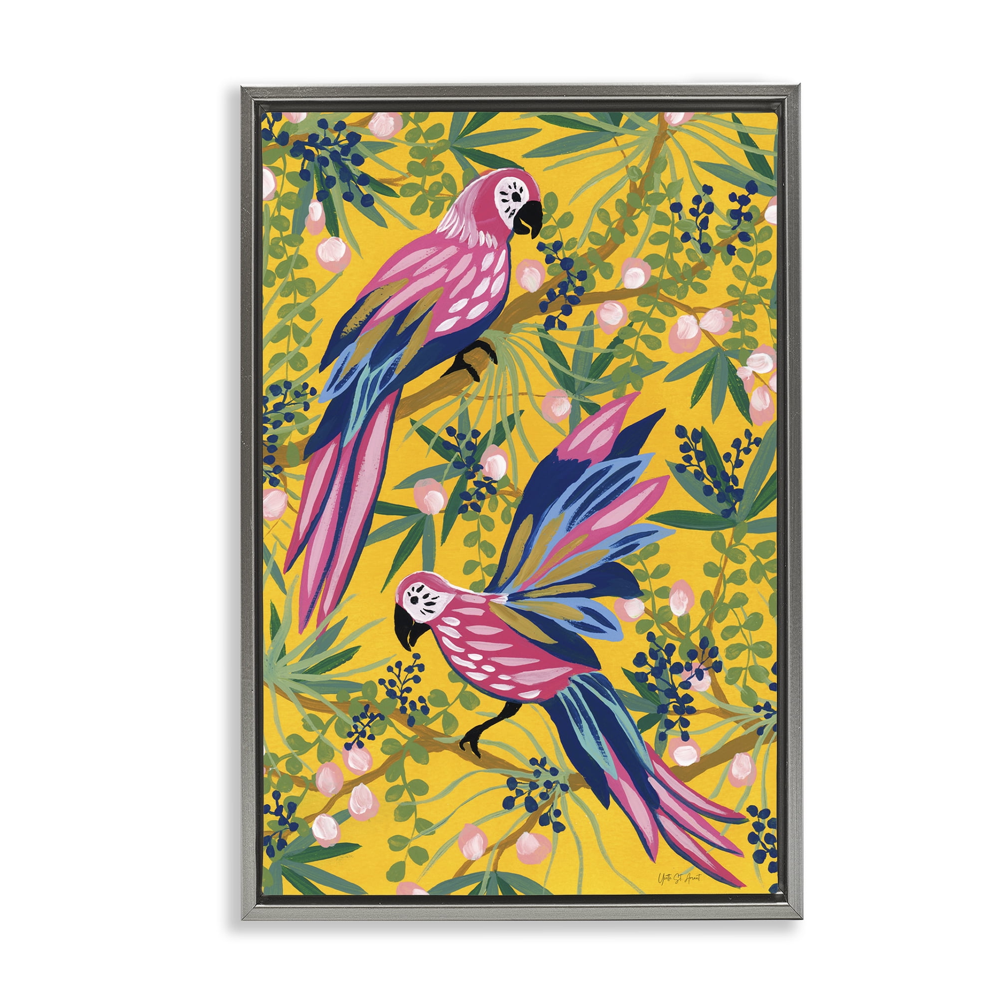 Stupell Industries Maximalist Parrots Pattern Animals & Insects Painting Gray Floater Framed Canvas Art Print Wall Art, 17 x 25