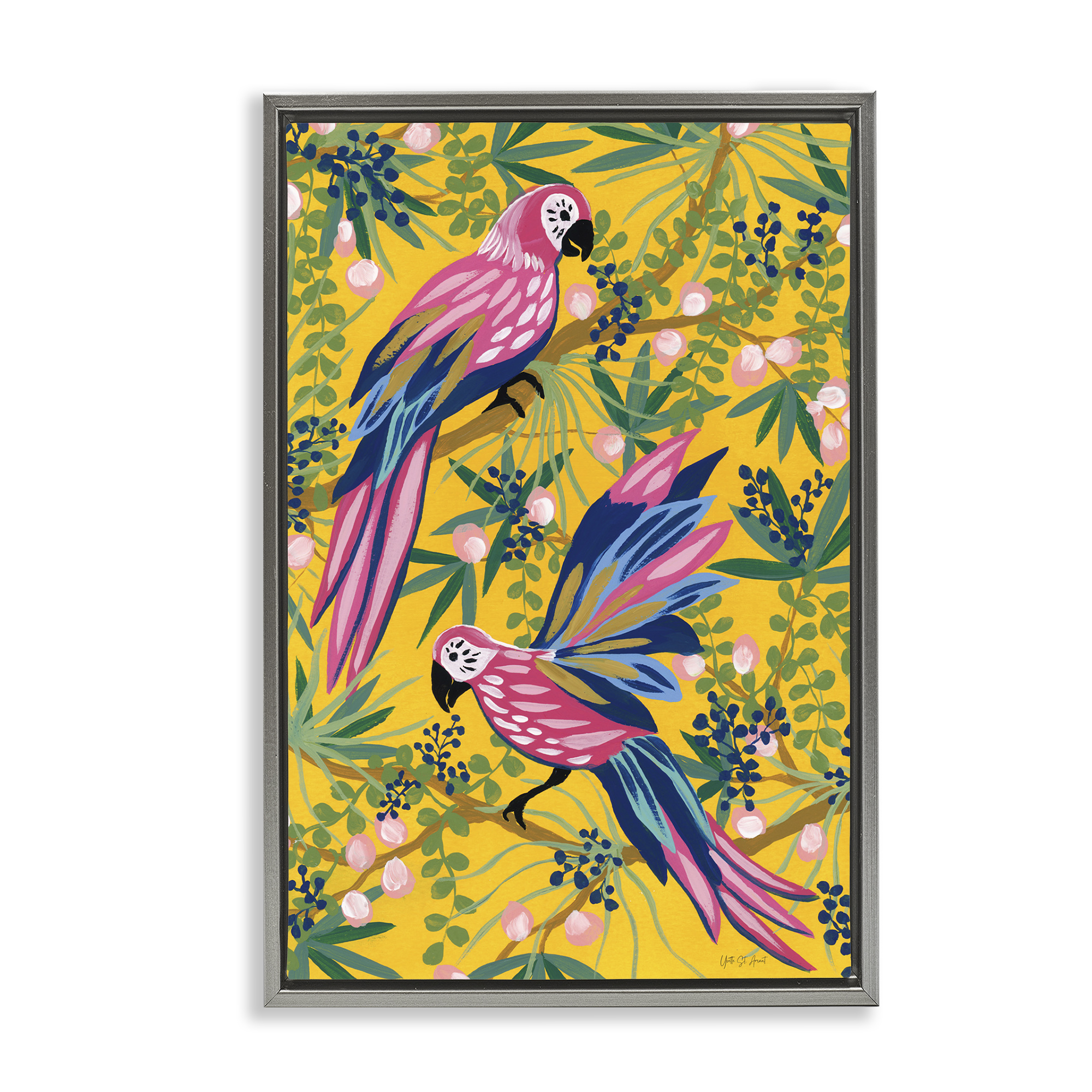 Stupell Industries Maximalist Parrots Pattern Animals & Insects Painting Gray Floater Framed Canvas Art Print Wall Art, 21 x 31