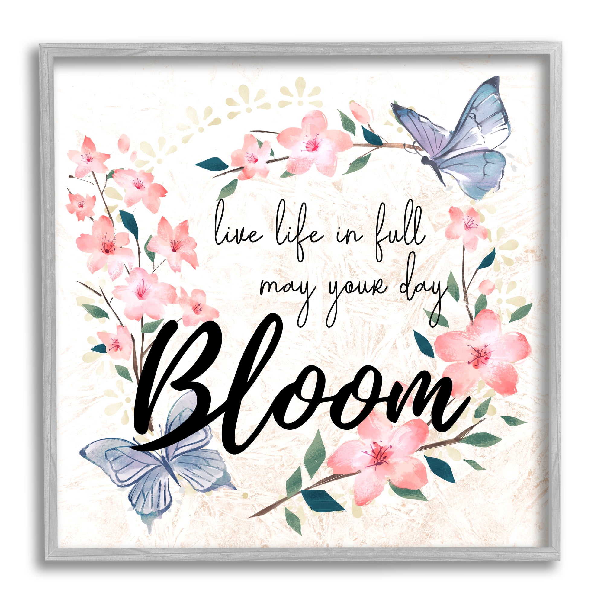 Stupell Industries May Your Day Bloom Quote Blue Butterflies Pink Blossoms Inspirational Painting Gray Framed Art Print Wall Art, 12 x 12