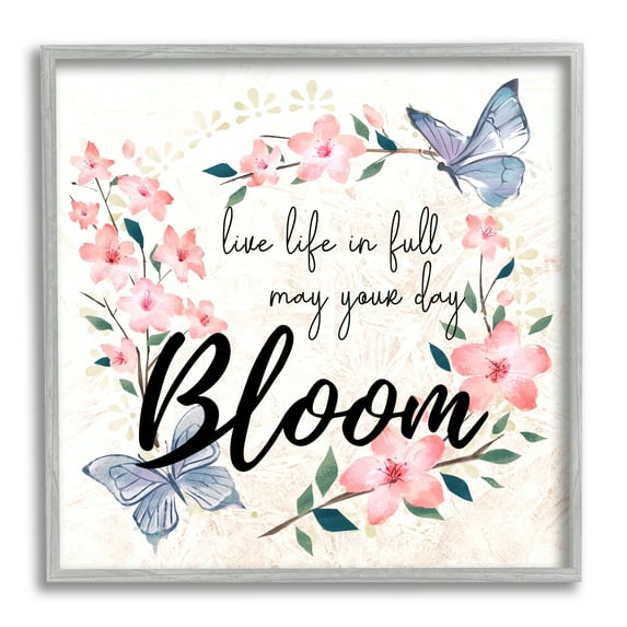 Stupell Industries May Your Day Bloom Quote Blue Butterflies Pink Blossoms Inspirational Painting Gray Framed Art Print Wall Art, 24 x 24