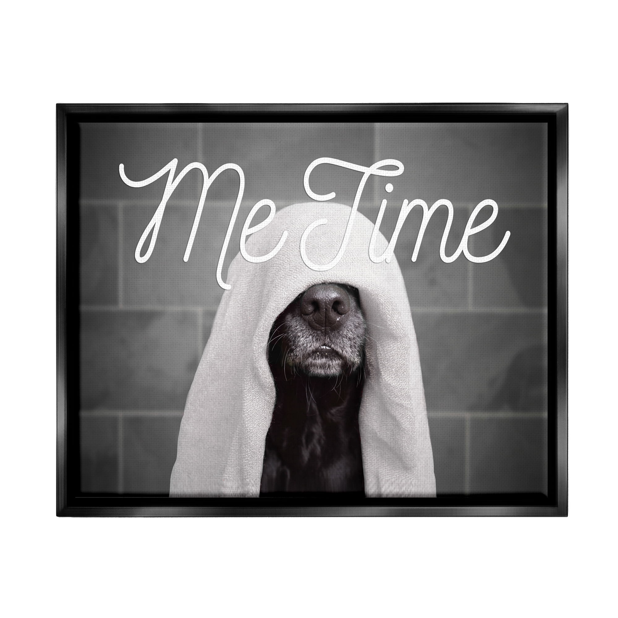 Stupell Industries Me Time Pet Dog Bathroom Portrait Jet Black Framed Floating Canvas Wall Art, 24x30, by Adobe Stock