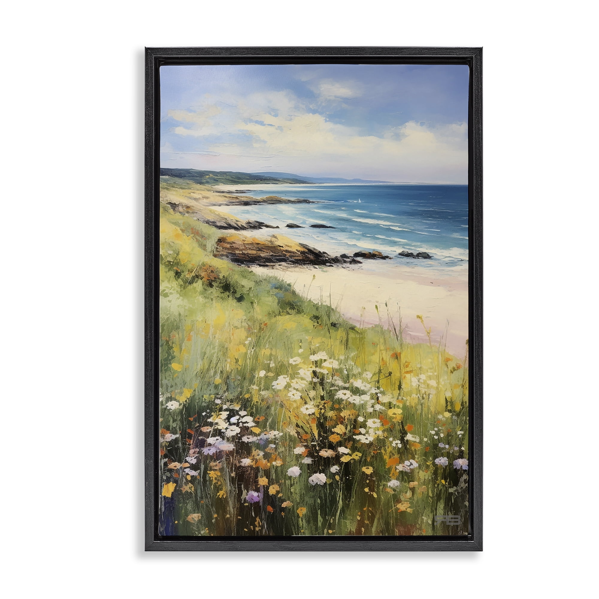 Stupell Industries Meadow Beside Beach Landscape Painting Black Floater Framed Canvas Art Print Wall Art, 21 x 31
