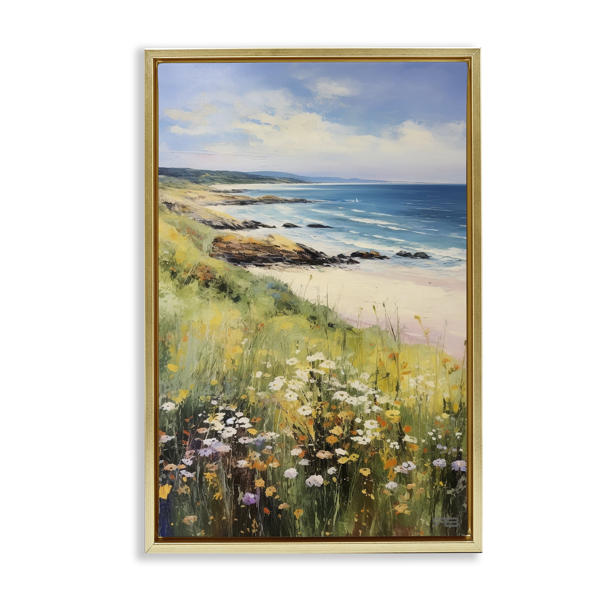 Stupell Industries Meadow Beside Beach Landscape Painting Gold Floater Framed Canvas Art Print Wall Art, 17 x 25