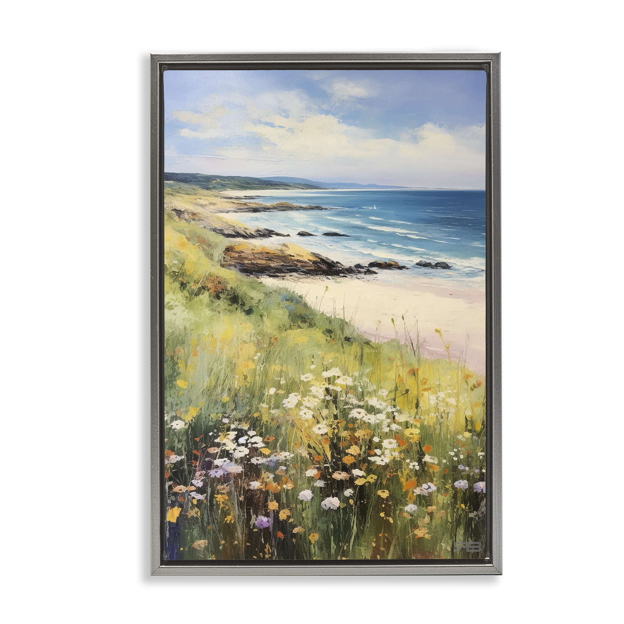 Stupell Industries Meadow Beside Beach Landscape Painting Gray Floater Framed Canvas Art Print Wall Art, 21 x 31