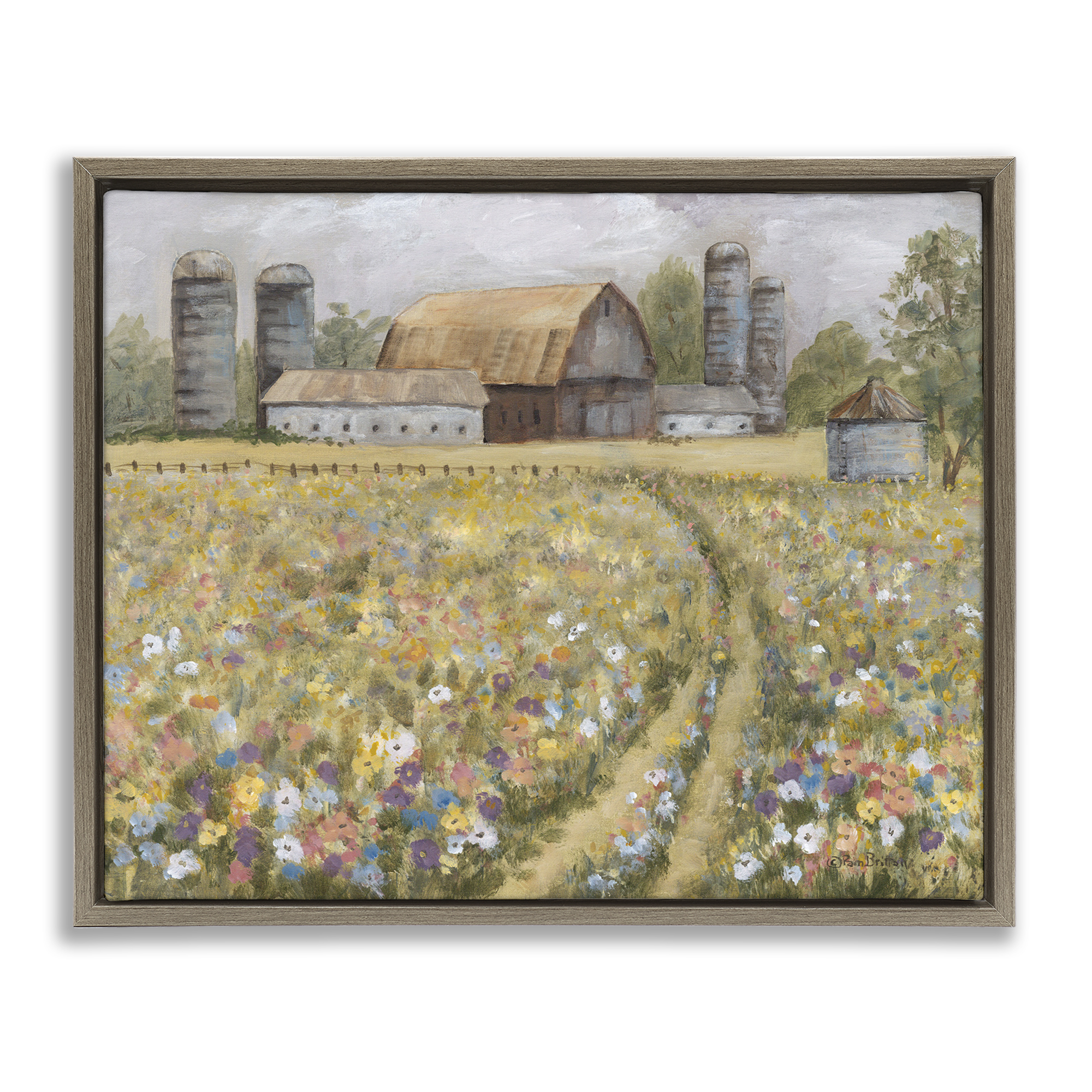 Stupell Industries Meadow Path to Barn Landscape Painting Brown Floater Framed Canvas Art Print Wall Art, 21 x 17