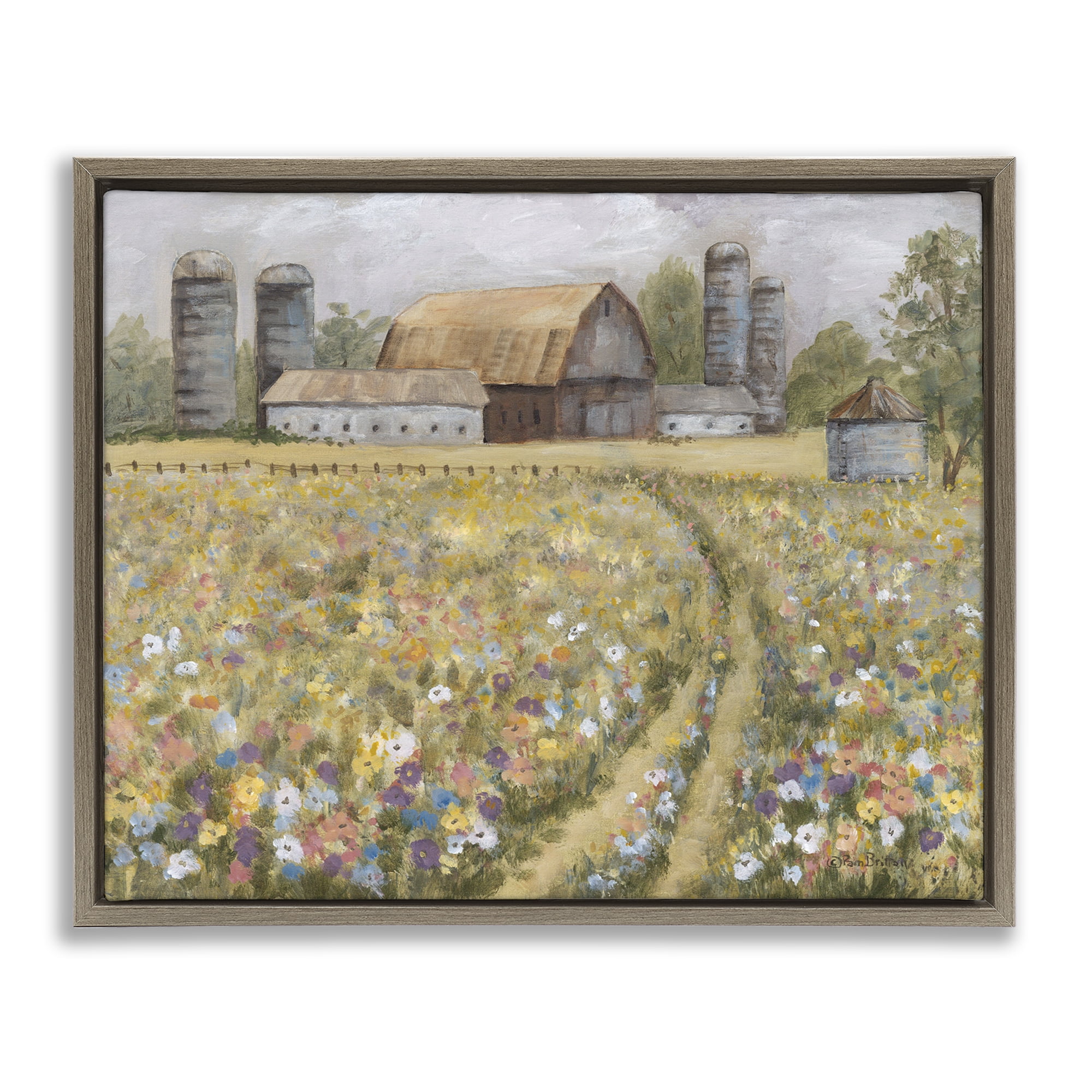 Stupell Industries Meadow Path to Barn Landscape Painting Brown Floater Framed Canvas Art Print Wall Art, 31 x 25