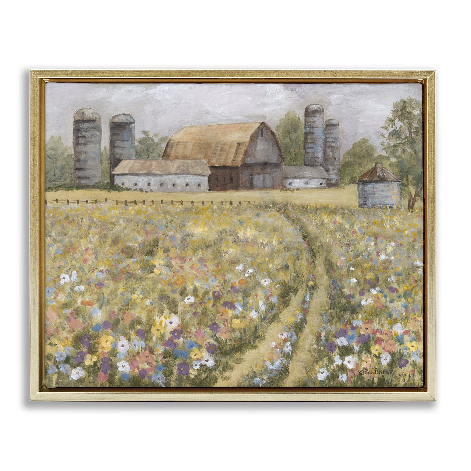 Stupell Industries Meadow Path to Barn Landscape Painting Gold Floater Framed Canvas Art Print Wall Art, 21 x 17