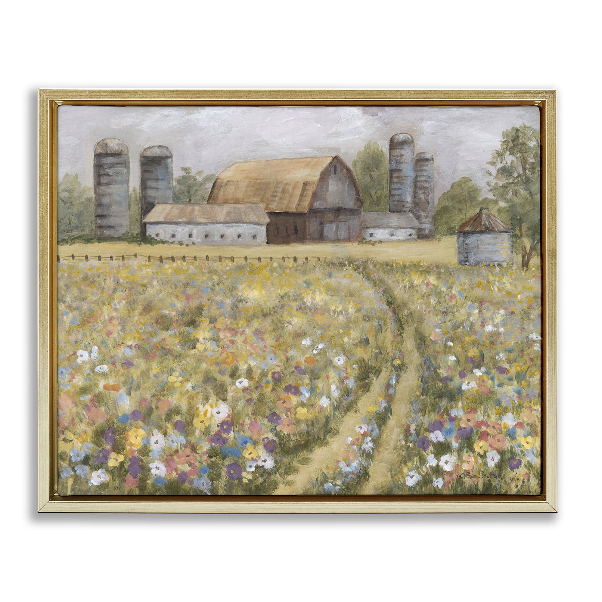 Stupell Industries Meadow Path to Barn Landscape Painting Gold Floater Framed Canvas Art Print Wall Art, 31 x 25