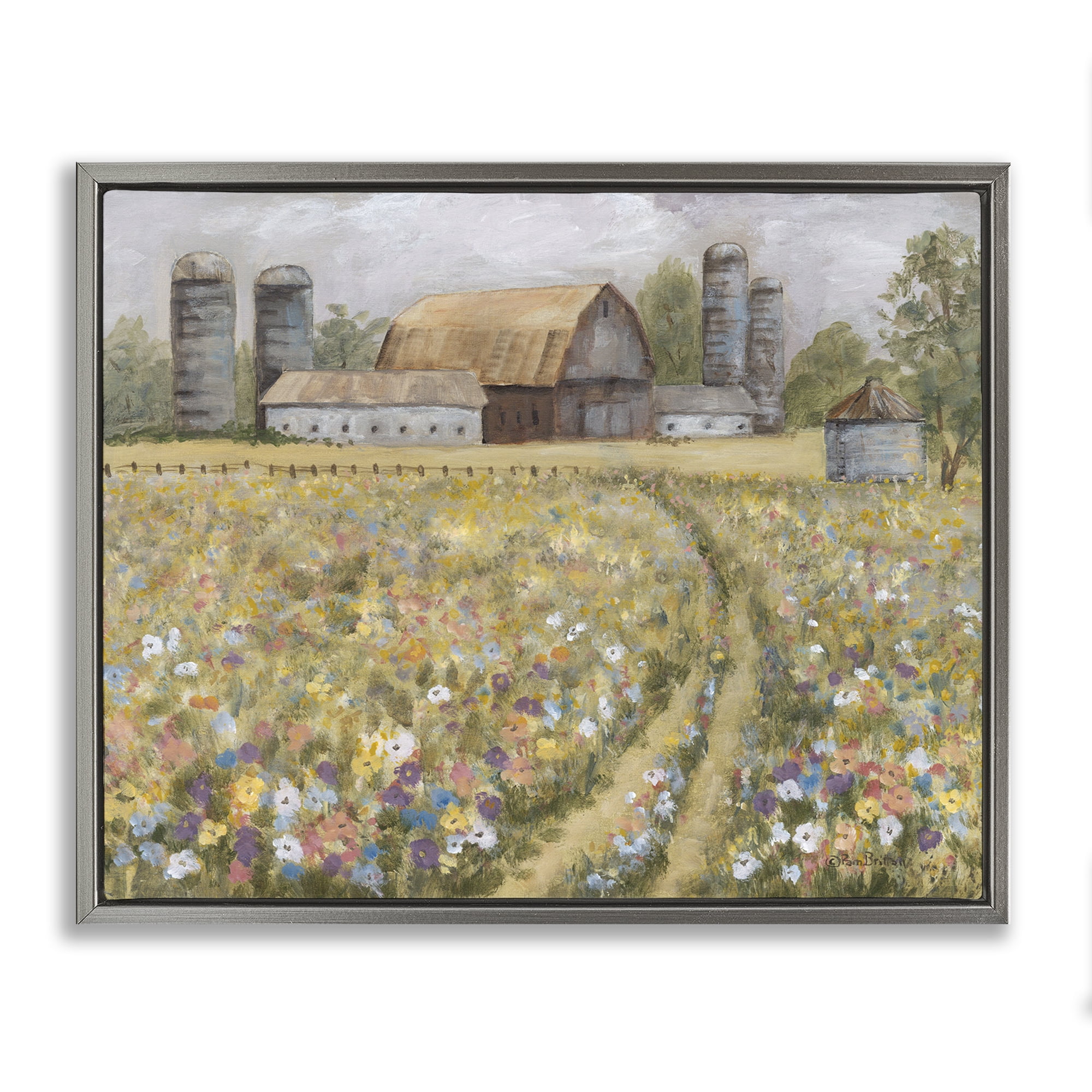 Stupell Industries Meadow Path to Barn Landscape Painting Gray Floater Framed Canvas Art Print Wall Art, 21 x 17
