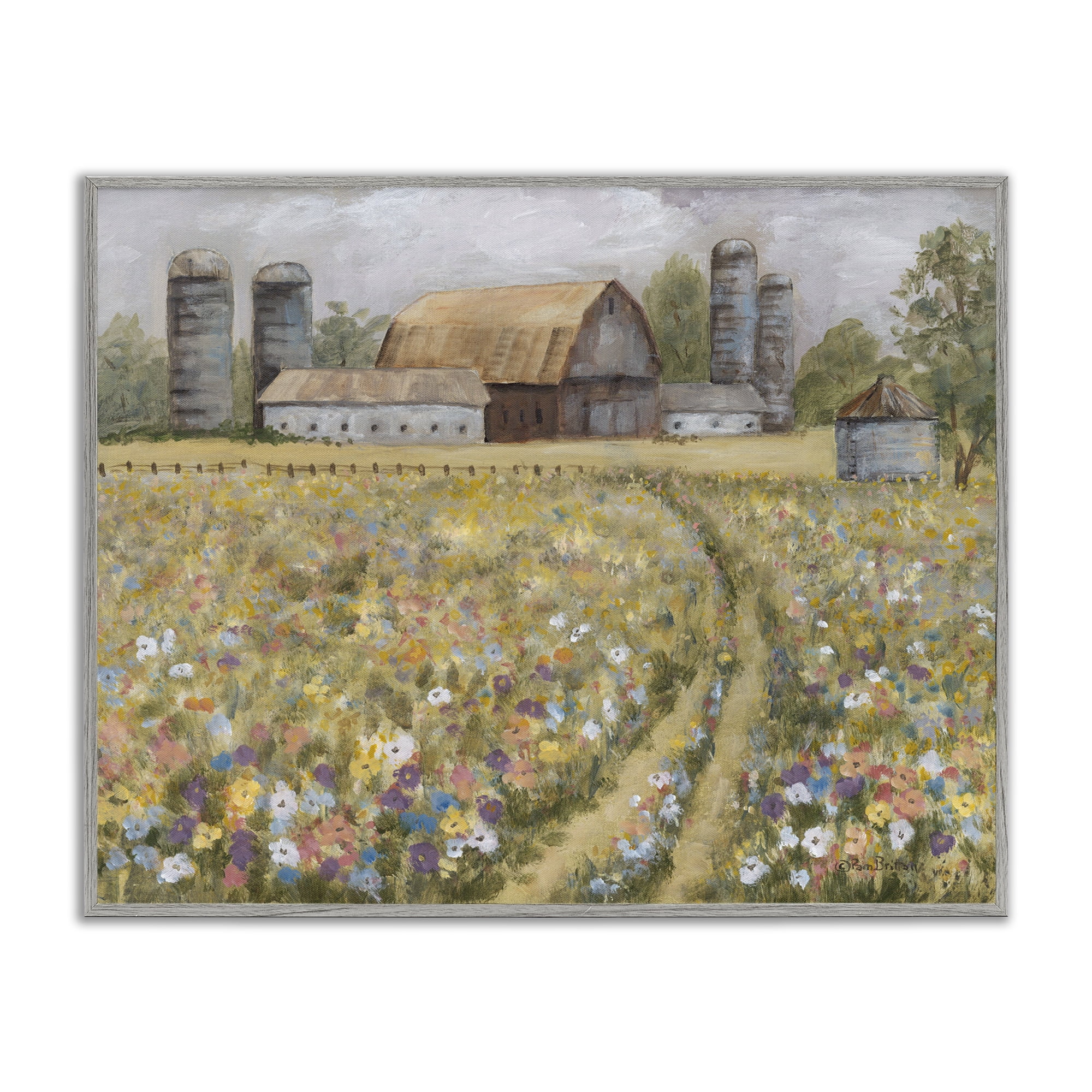 Stupell Industries Meadow Path to Barn Landscape Painting Gray Framed Art Print Wall Art, 30 x 24