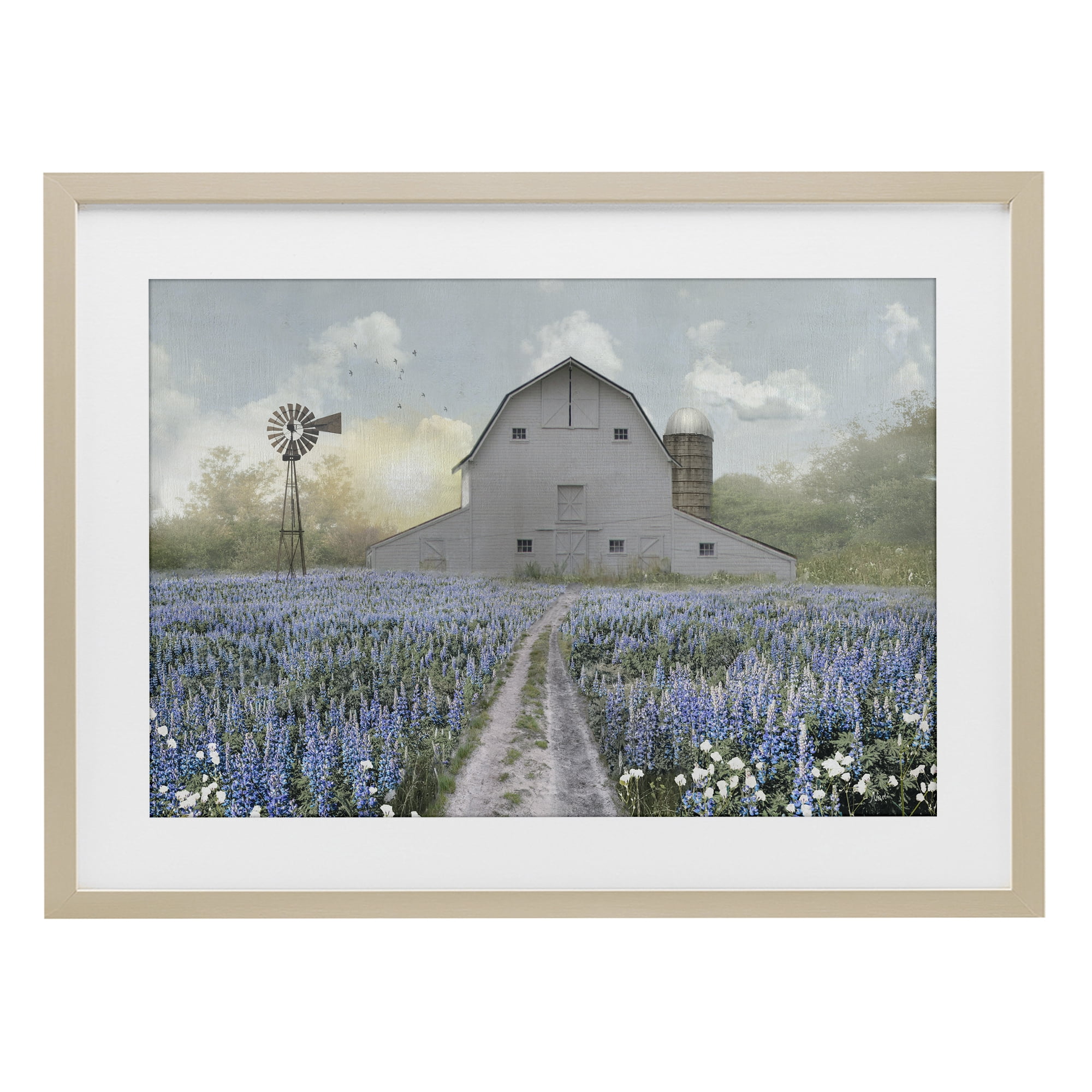 Stupell Industries Meadow of Blue Flowers & Barn Birch Framed Print Under Glass, design by Nan