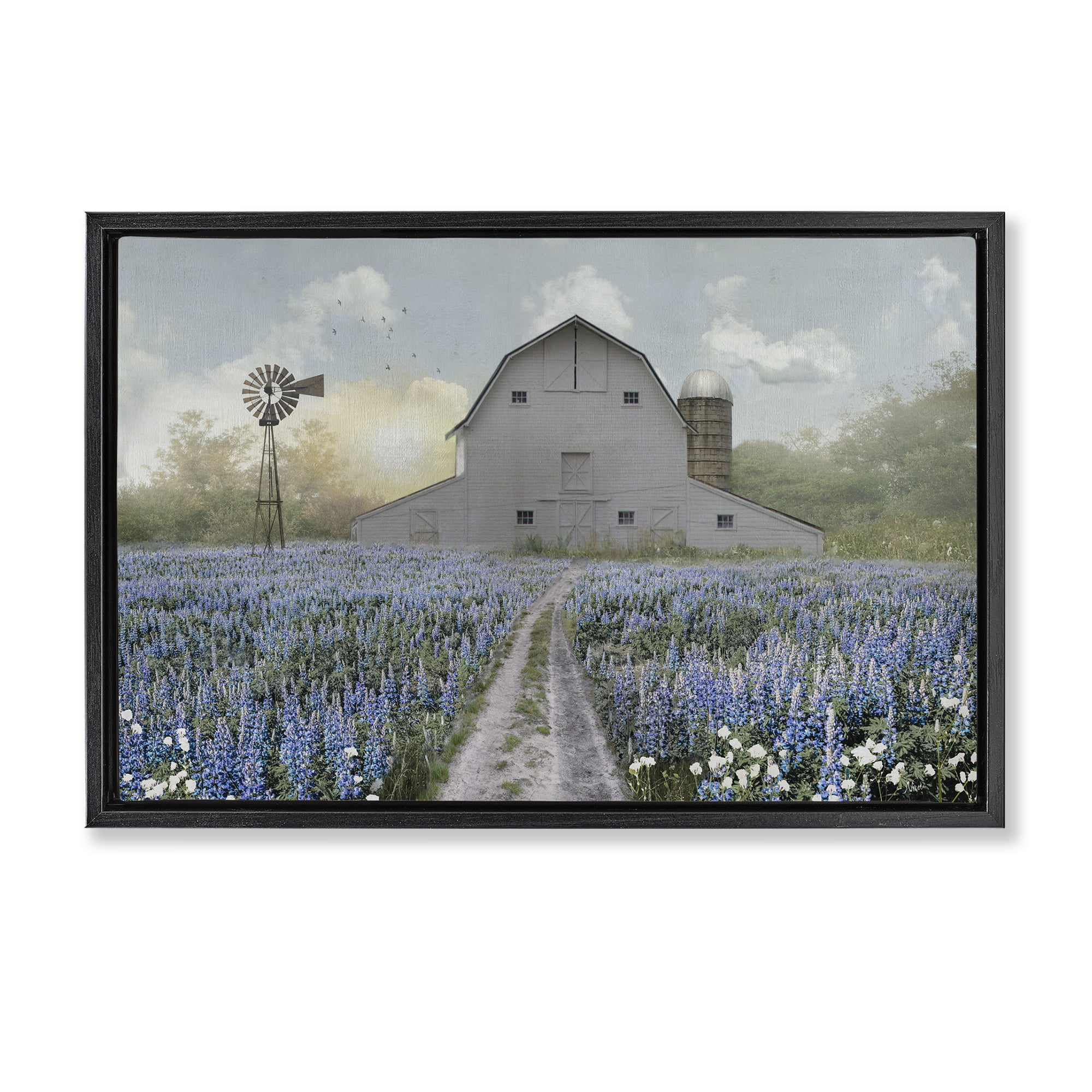 Stupell Industries Meadow of Blue Flowers & Barn Black Framed Floater Canvas Wall Art, design by Nan