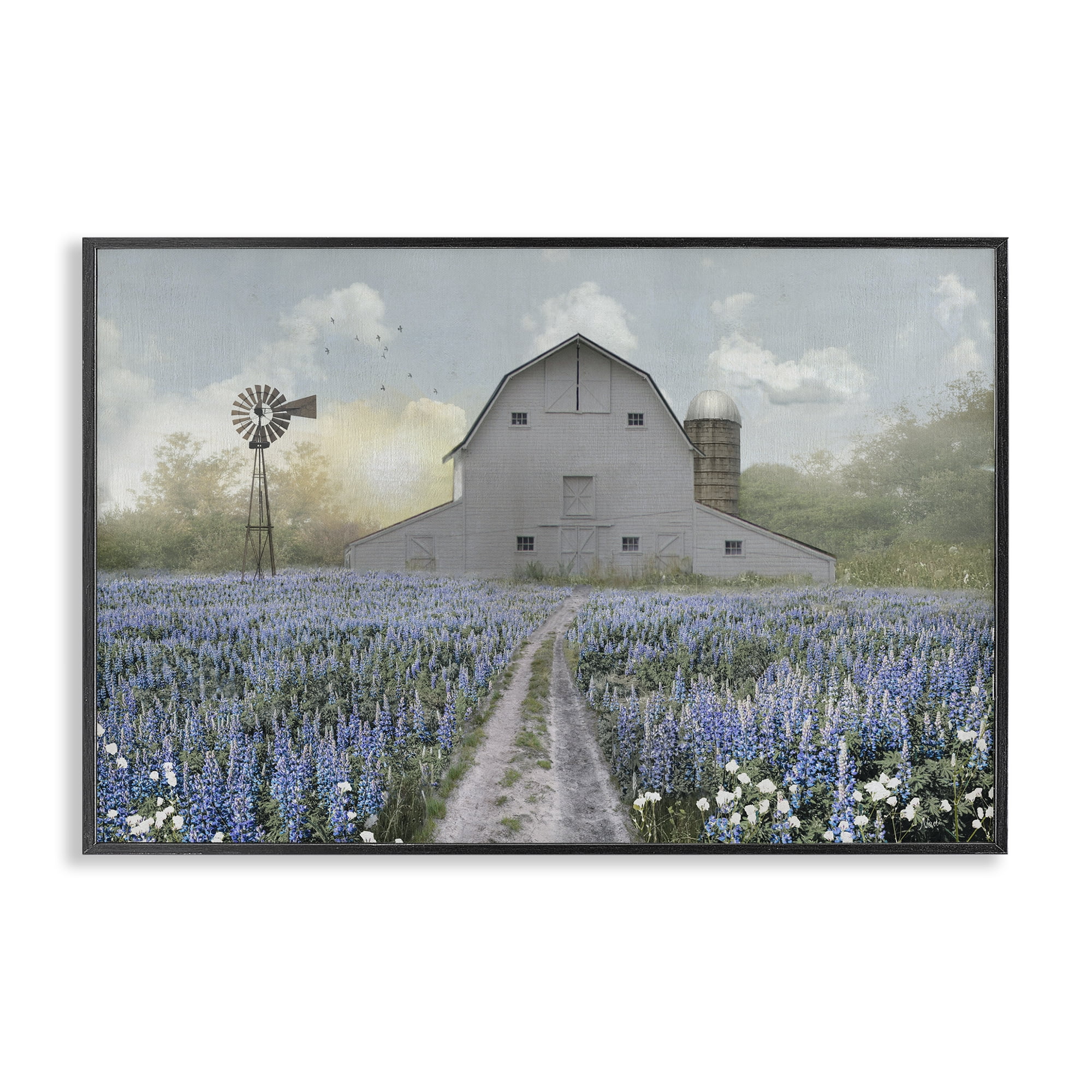 Stupell Industries Meadow of Blue Flowers & Barn Black Framed Giclee Art, design by Nan