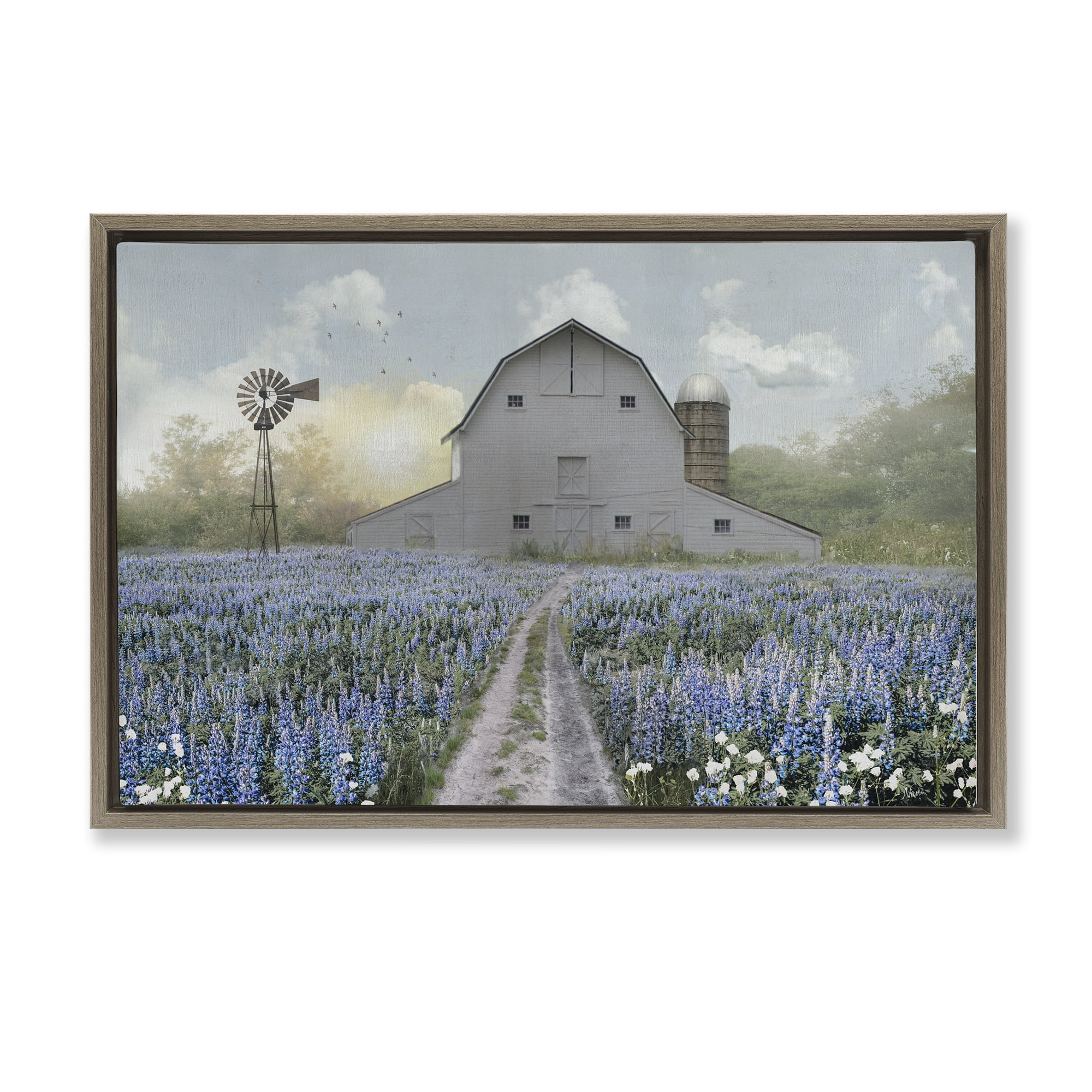 Stupell Industries Meadow of Blue Flowers & Barn Brown Framed Floater Canvas Wall Art, design by Nan