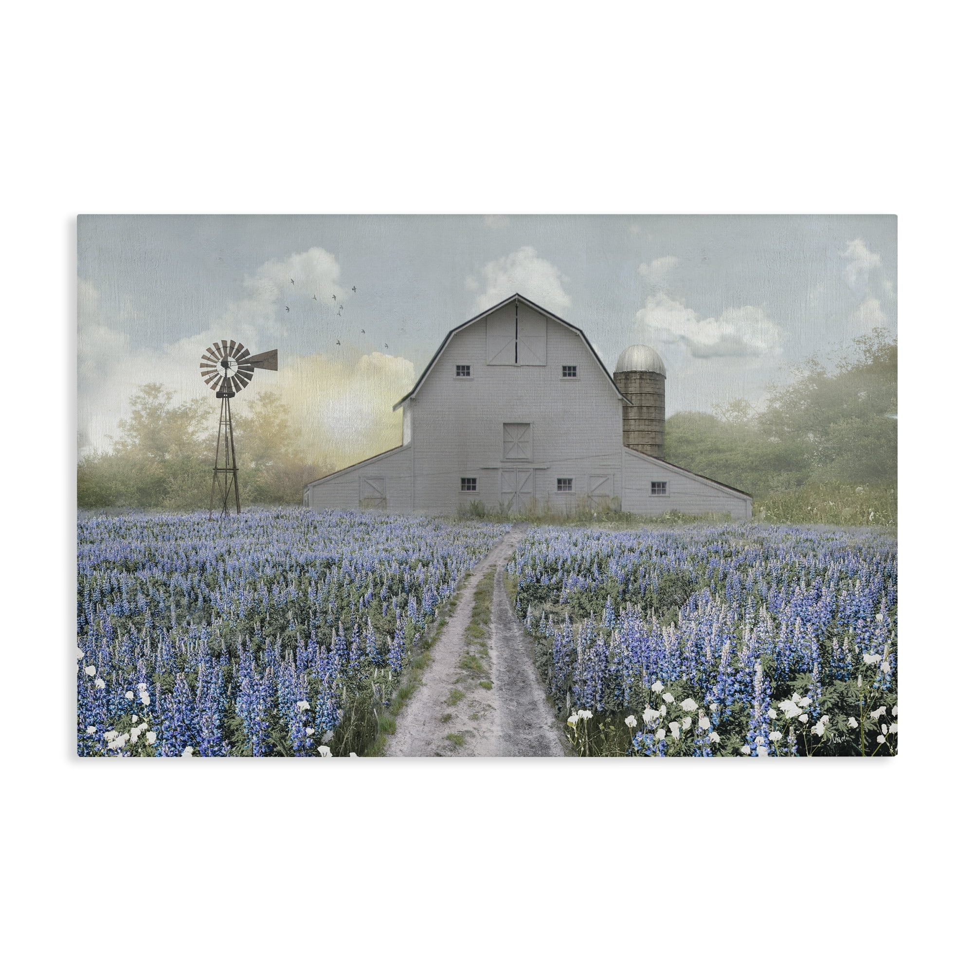 Stupell Industries Meadow of Blue Flowers & Barn Canvas Wall Art, design by Nan