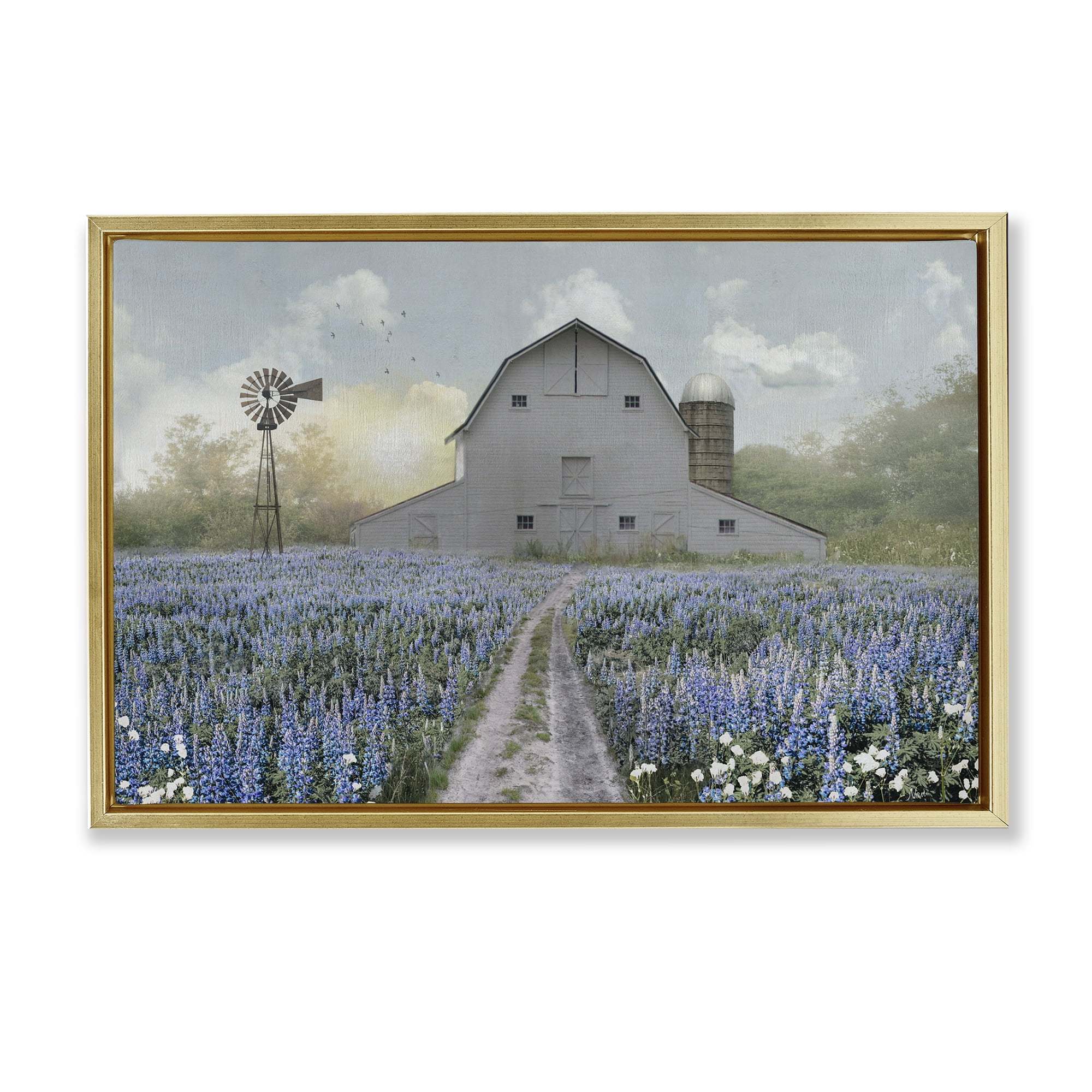 Stupell Industries Meadow of Blue Flowers & Barn Gold Framed Floater Canvas Wall Art, design by Nan
