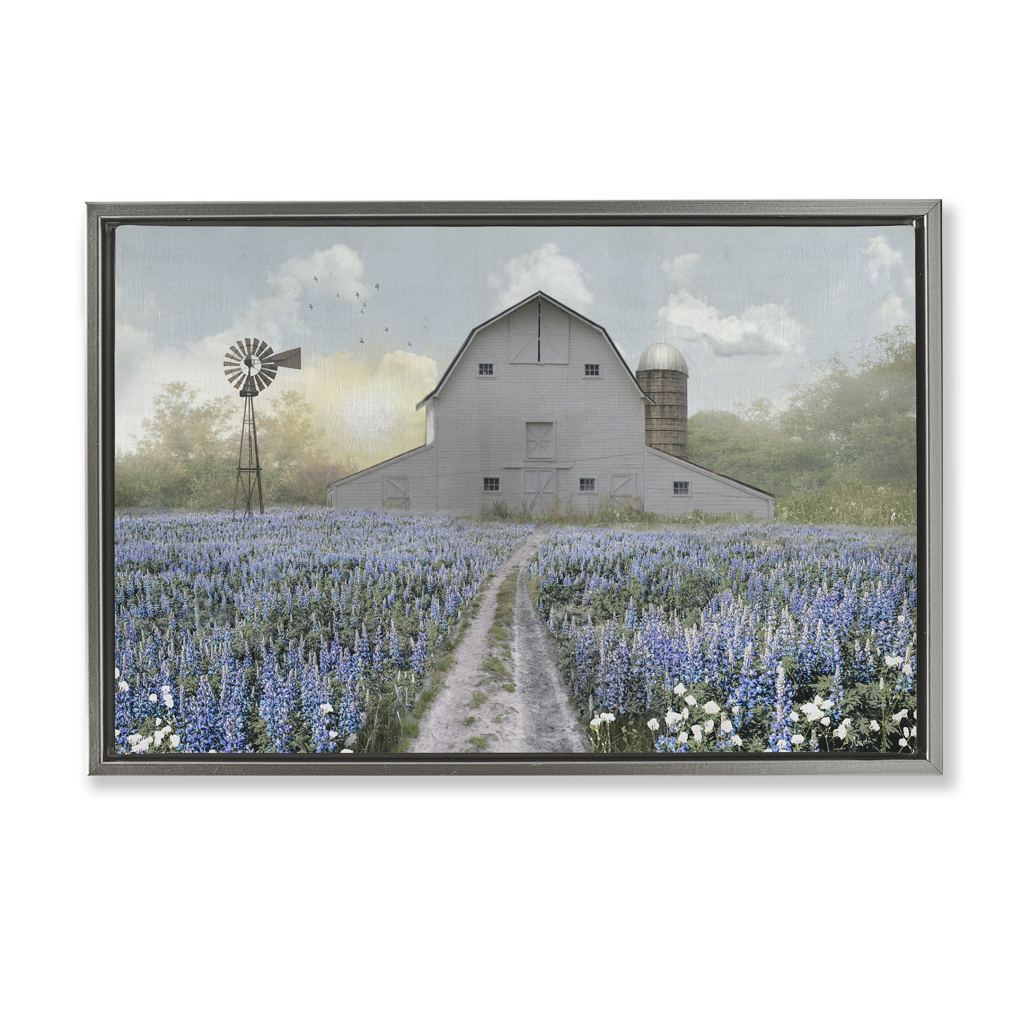 Stupell Industries Meadow of Blue Flowers & Barn Gray Framed Floater Canvas Wall Art, design by Nan