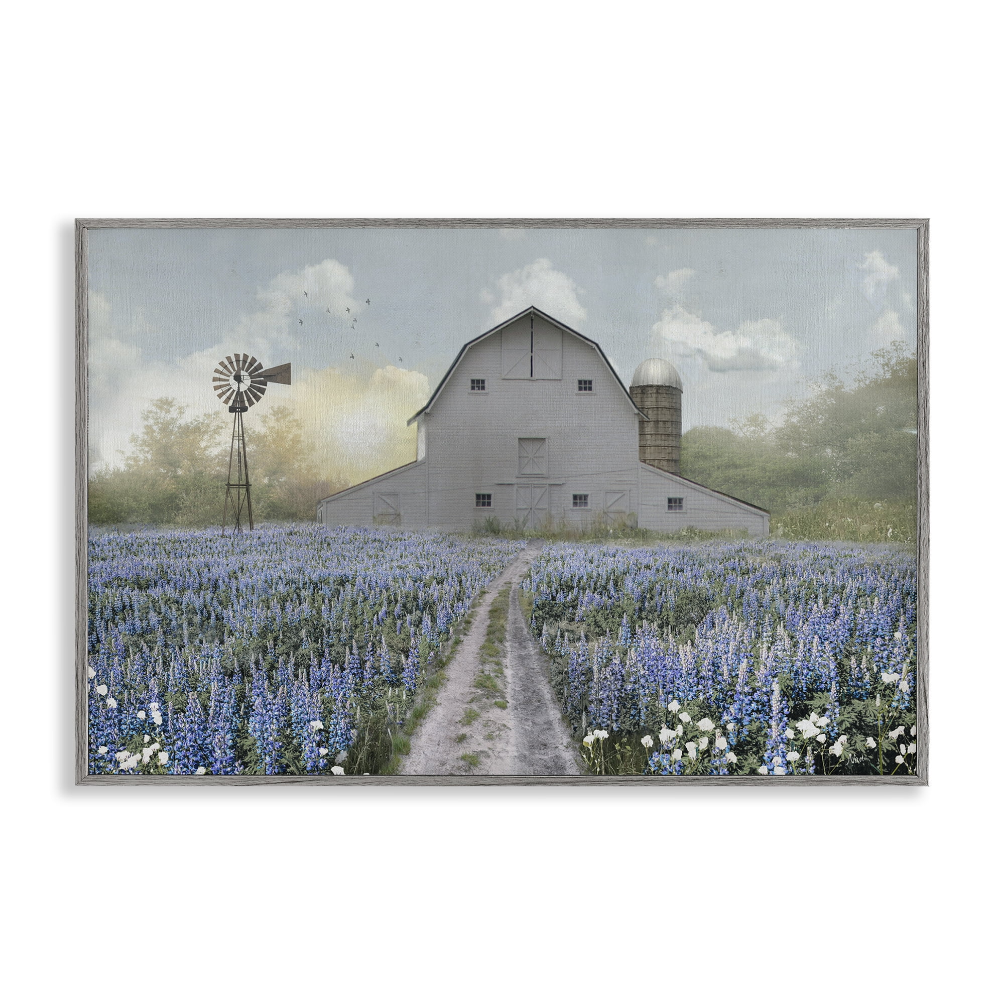 Stupell Industries Meadow of Blue Flowers & Barn Gray Framed Giclee Art, design by Nan