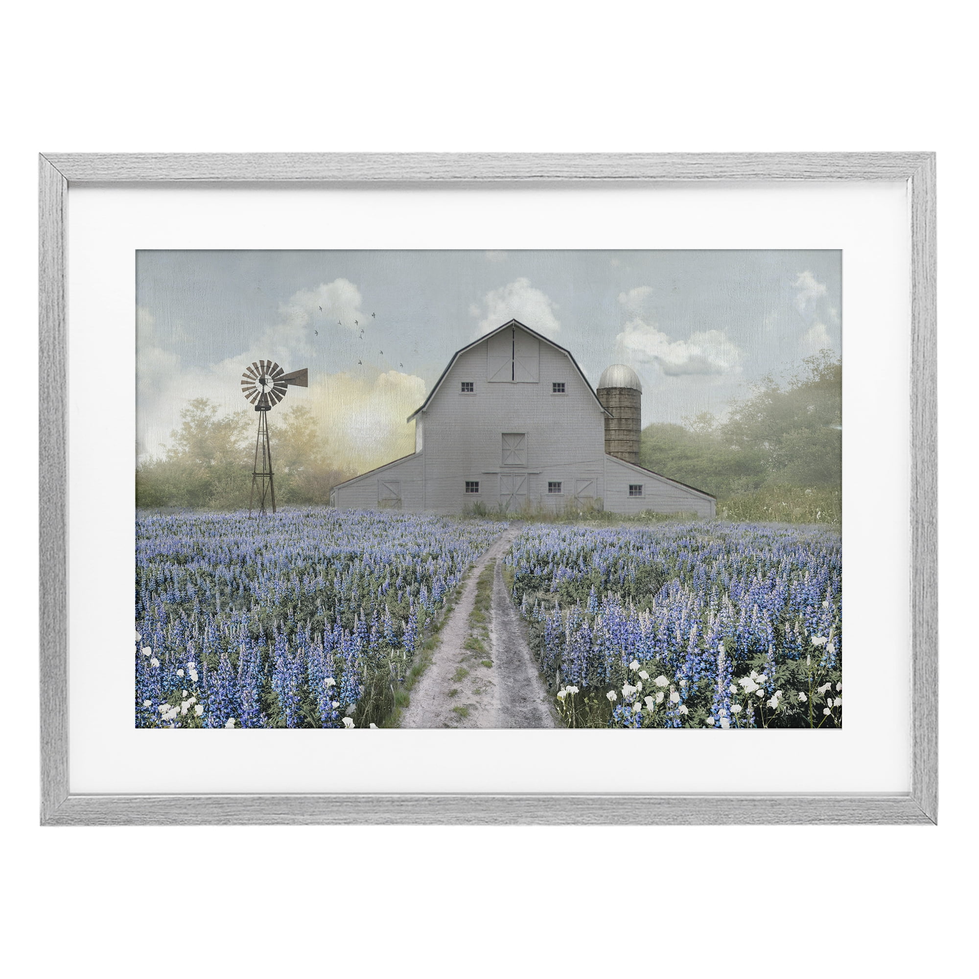 Stupell Industries Meadow of Blue Flowers & Barn Gray Framed Print Under Glass, design by Nan