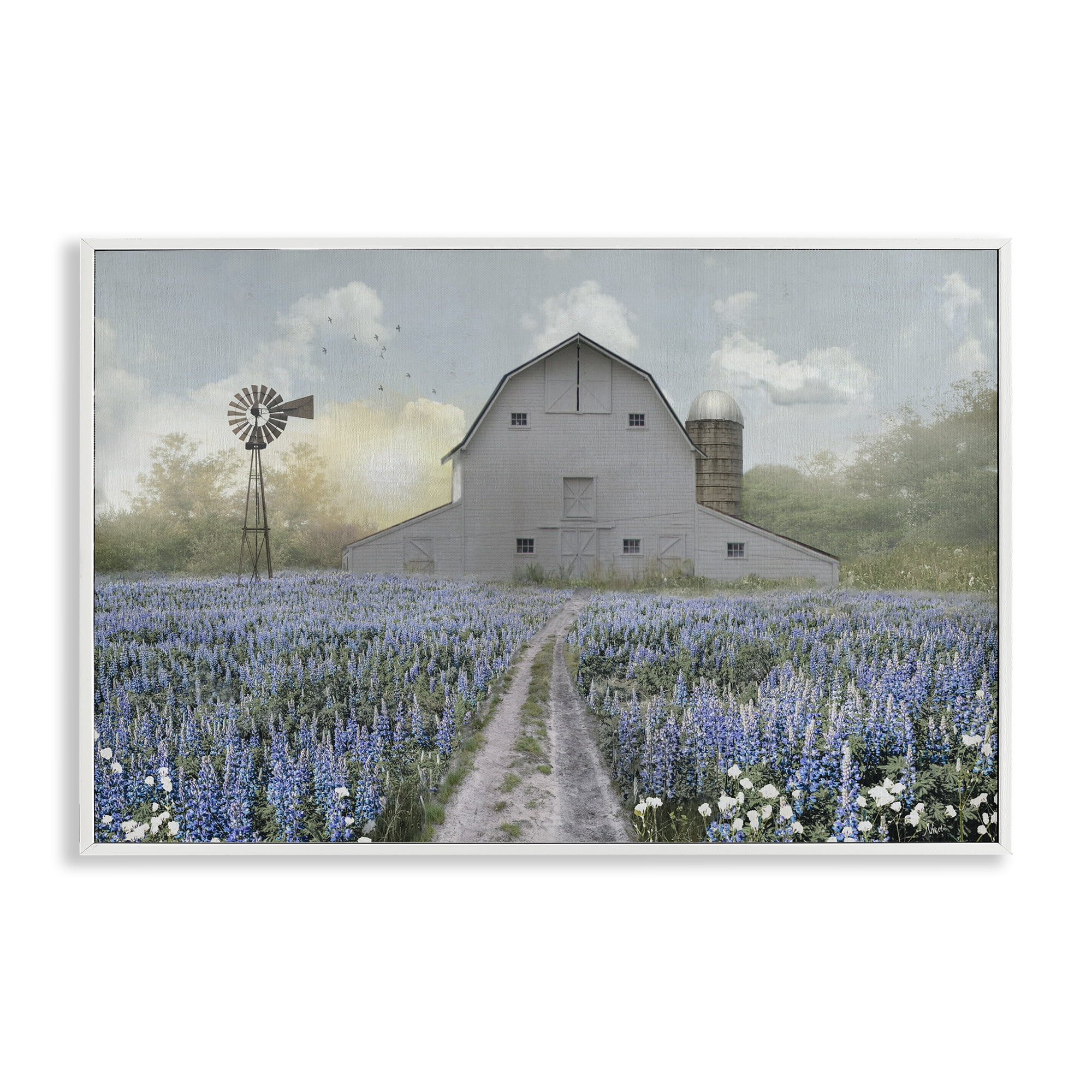 Stupell Industries Meadow of Blue Flowers & Barn White Framed Giclee Art, design by Nan