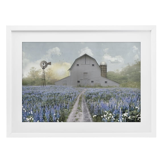 Stupell Industries French Country Meadow of Blue Flowers & Barn White Framed Print Under Glass, 23 x 17, by Nan
