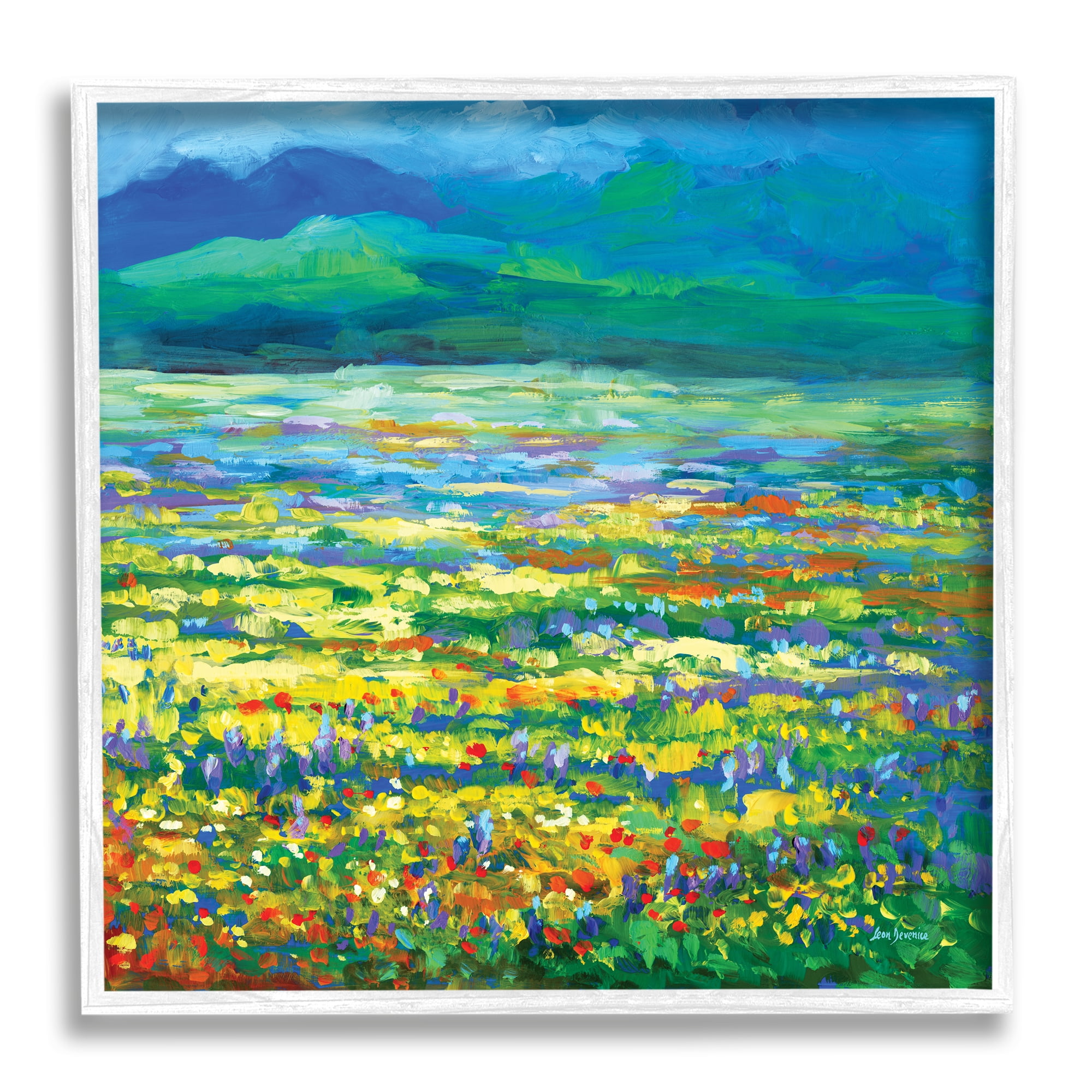 Stupell Industries Meadow of Wildflowers Blue Landscape Painting White Framed Art Print Wall Art, 12 x 12