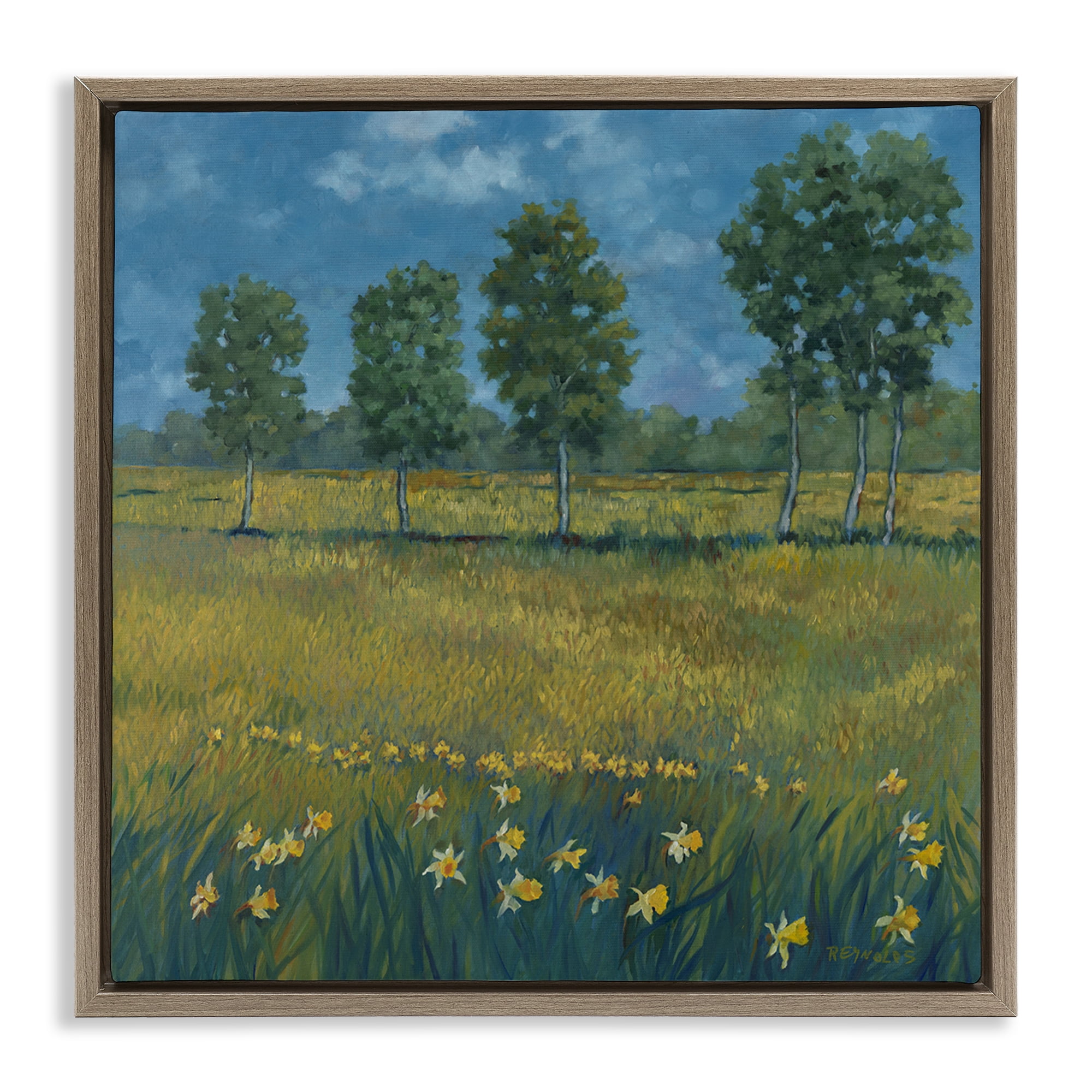 Stupell Industries Meadow with Daffodils Landscape & Nature Painting Brown Floater Framed Canvas Art Print Wall Art, 18 x 18