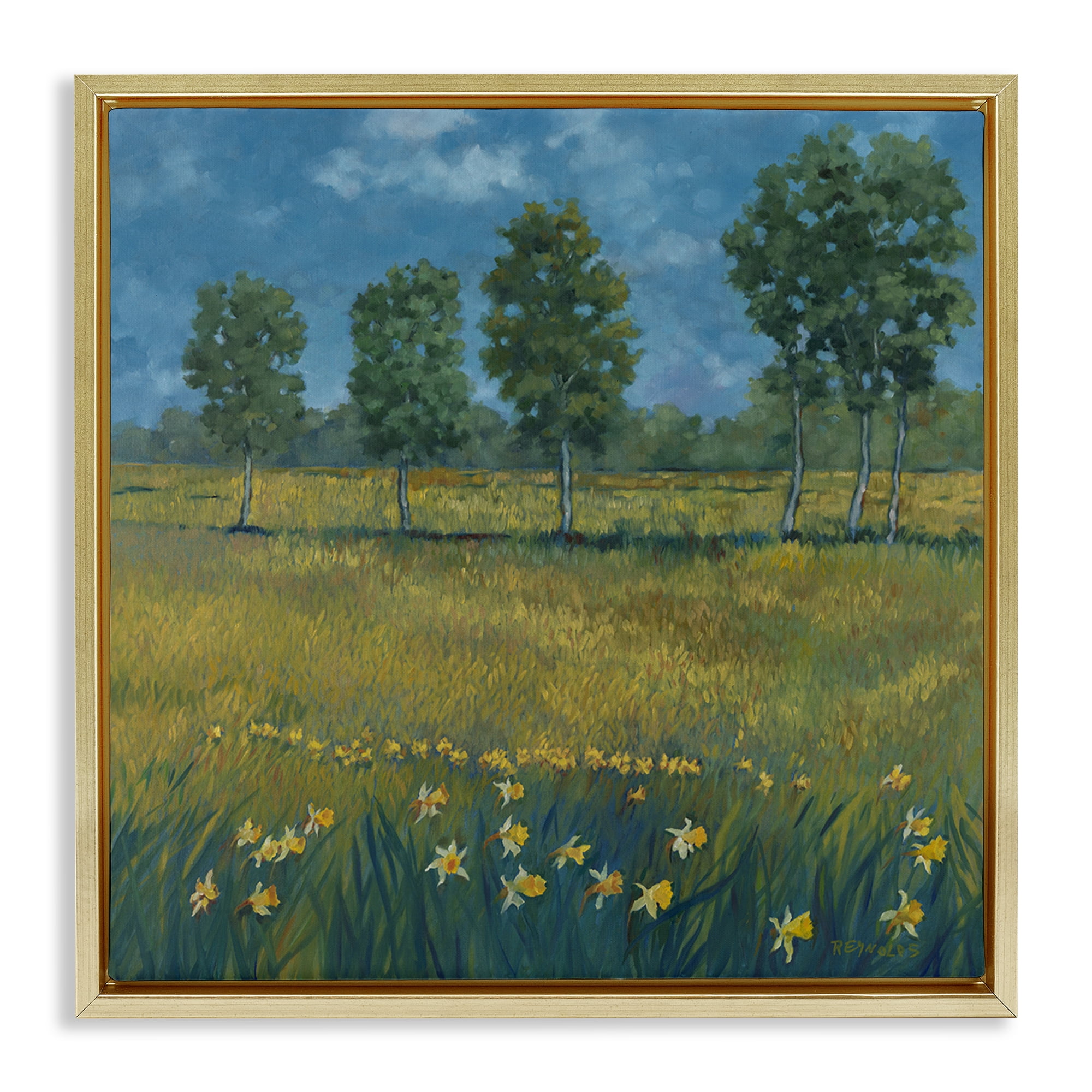 Stupell Industries Meadow with Daffodils Landscape & Nature Painting Gold Floater Framed Canvas Art Print Wall Art, 18 x 18