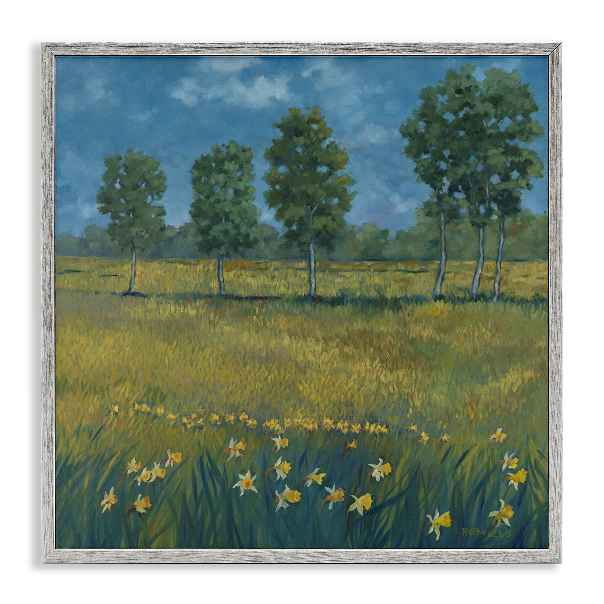 Stupell Industries Meadow with Daffodils Landscape & Nature Painting Gray Framed Art Print Wall Art, 12 x 12