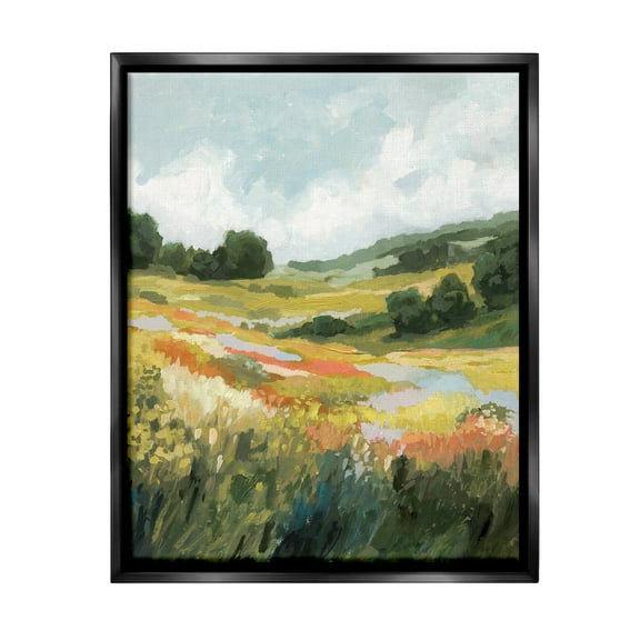 Stupell Industries Meadow with Distant Hills Landscape Painting Black Floater Framed Canvas Art Print Wall Art, 17 x 21