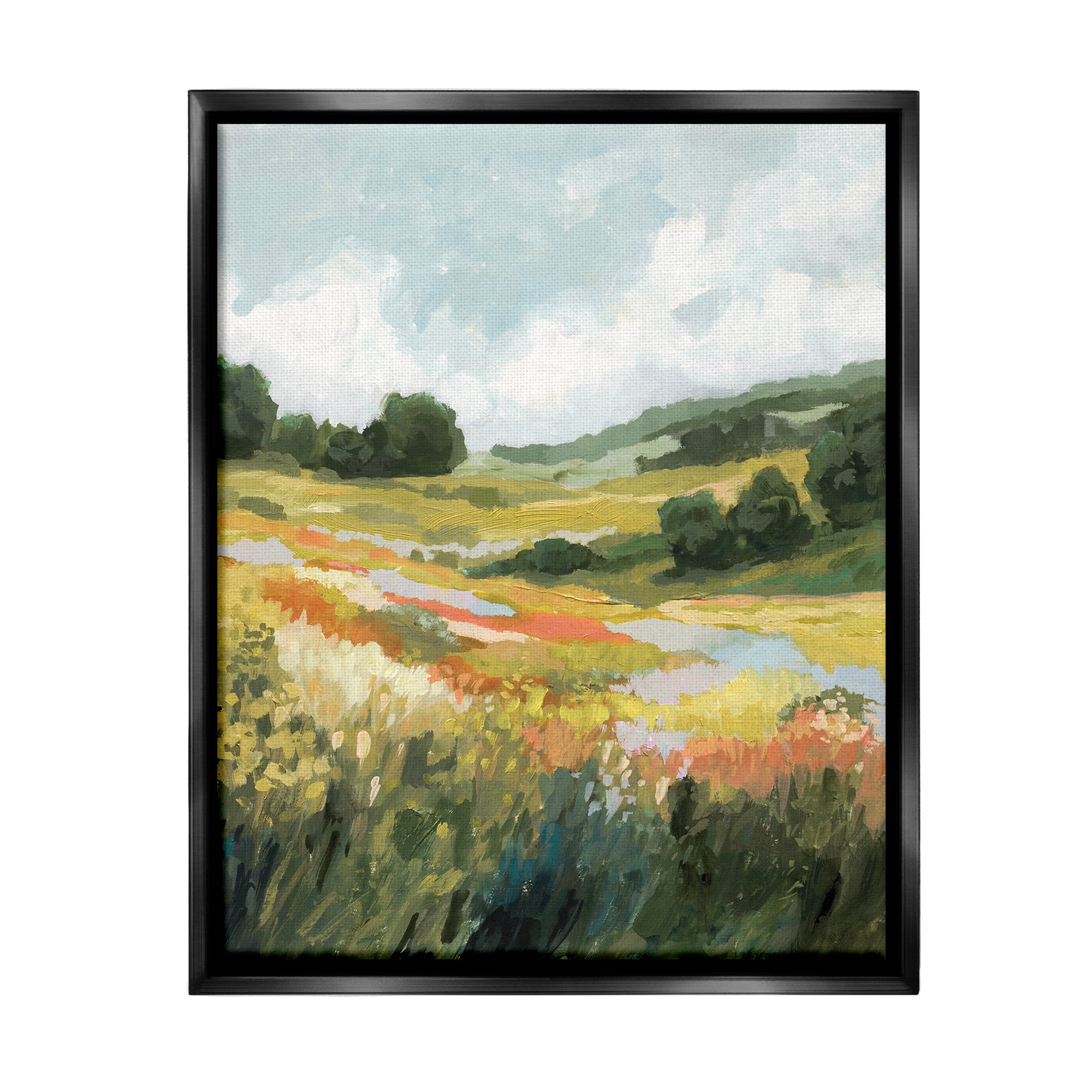 Stupell Industries Meadow with Distant Hills Landscape Painting Black Floater Framed Canvas Art Print Wall Art, 25 x 31