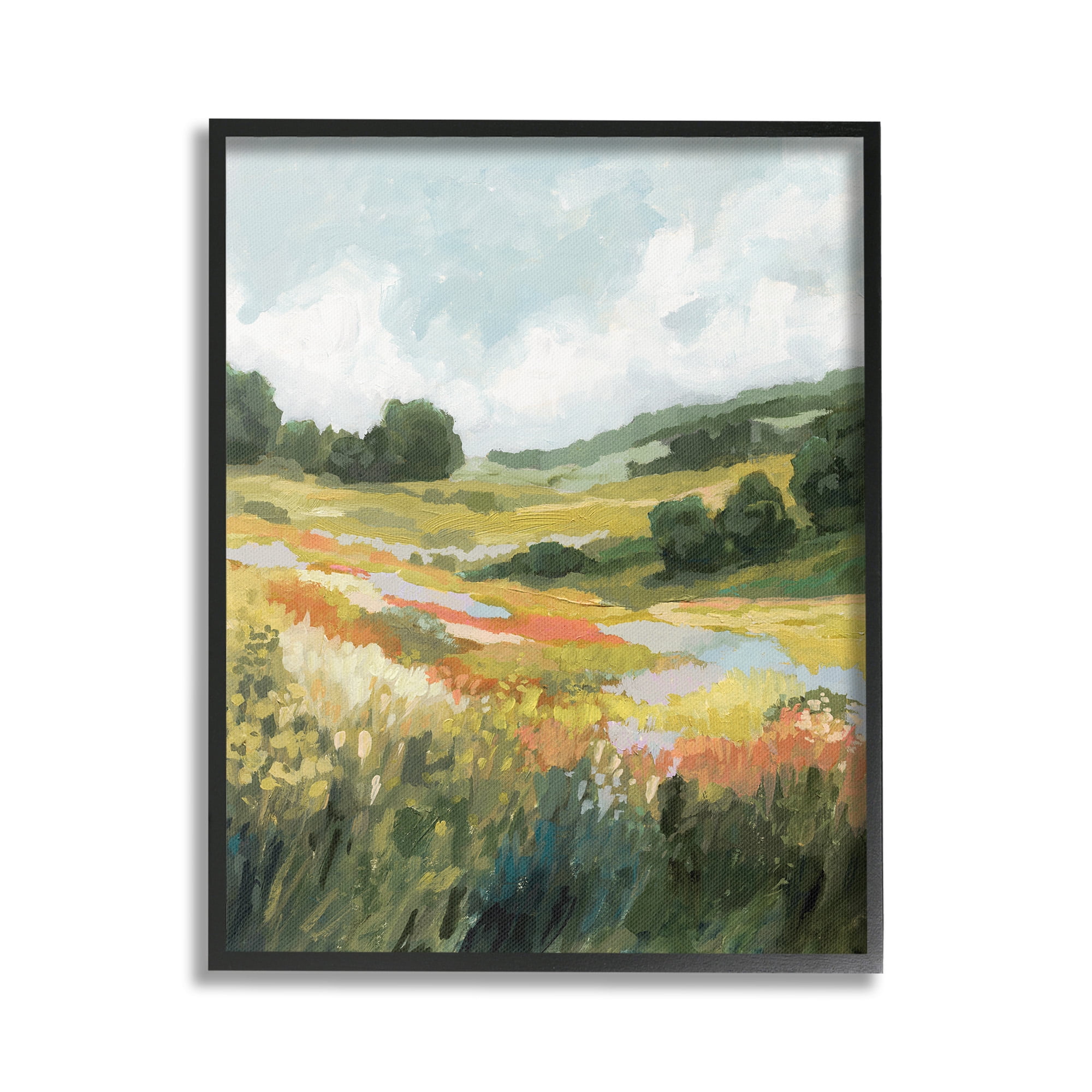 Stupell Industries Meadow with Distant Hills Landscape Painting Black Framed Art Print Wall Art, 16 x 20