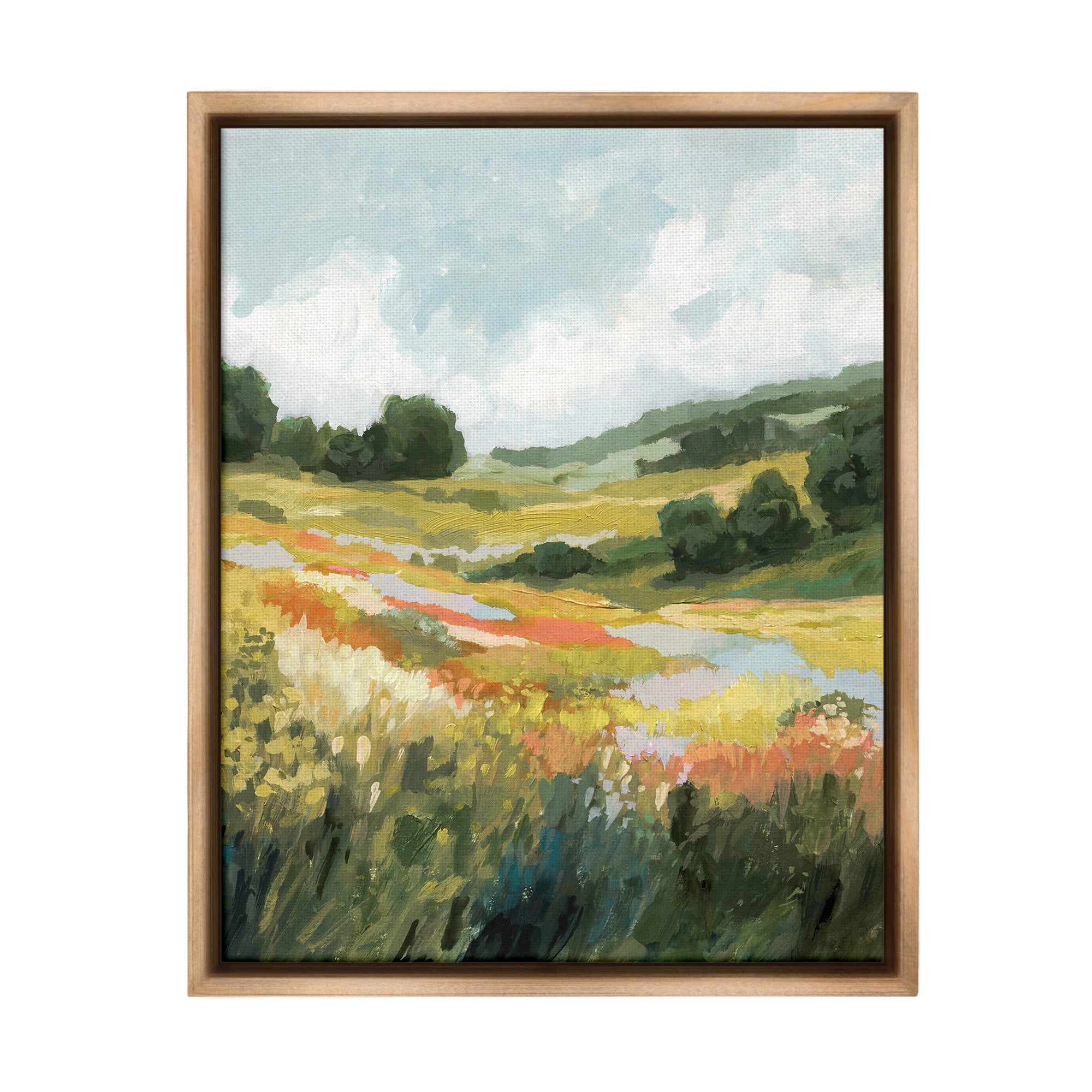 Stupell Industries Meadow with Distant Hills Landscape Painting Brown Floater Framed Canvas Art Print Wall Art, 17 x 21