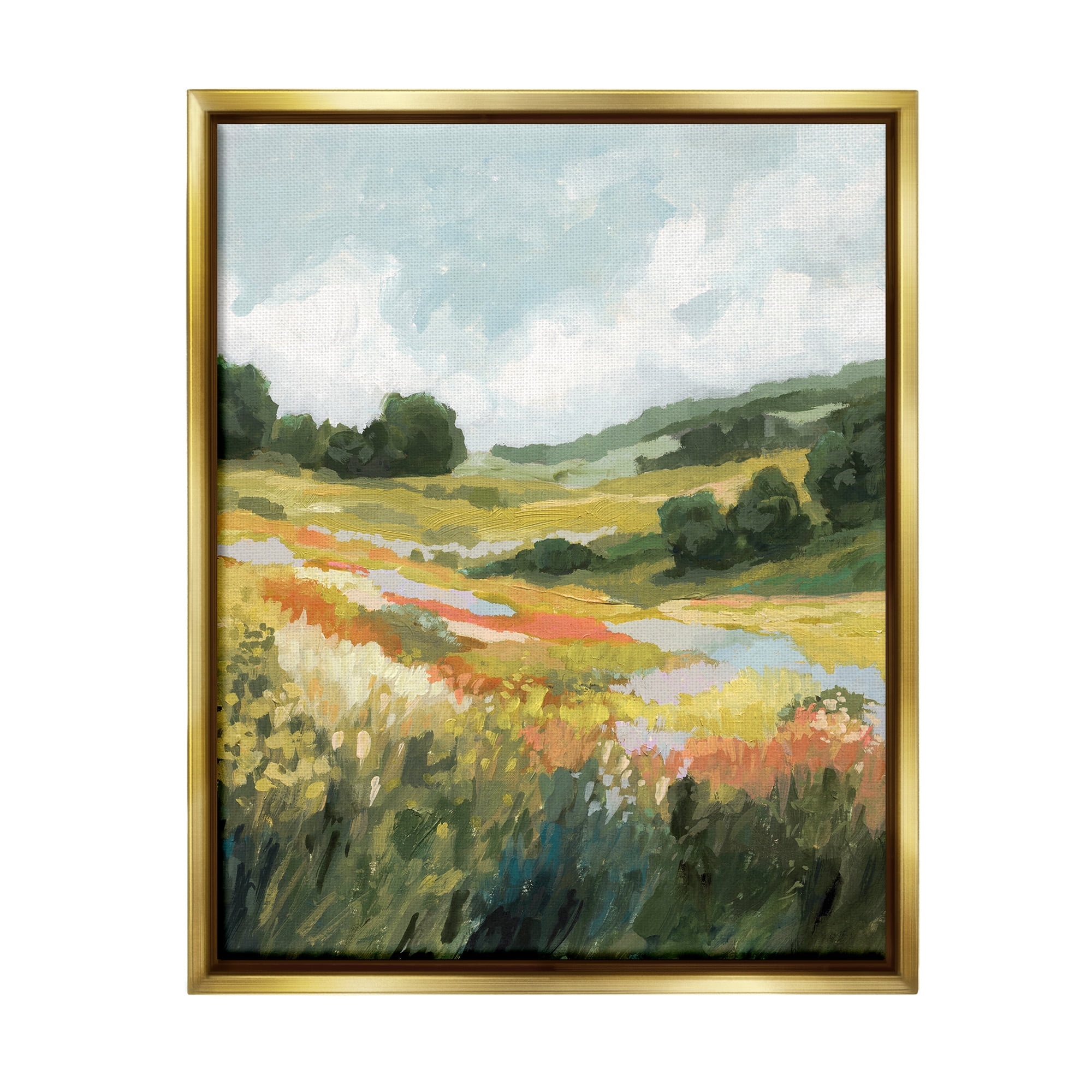 Stupell Industries Meadow with Distant Hills Landscape Painting Gold Floater Framed Canvas Art Print Wall Art, 25 x 31