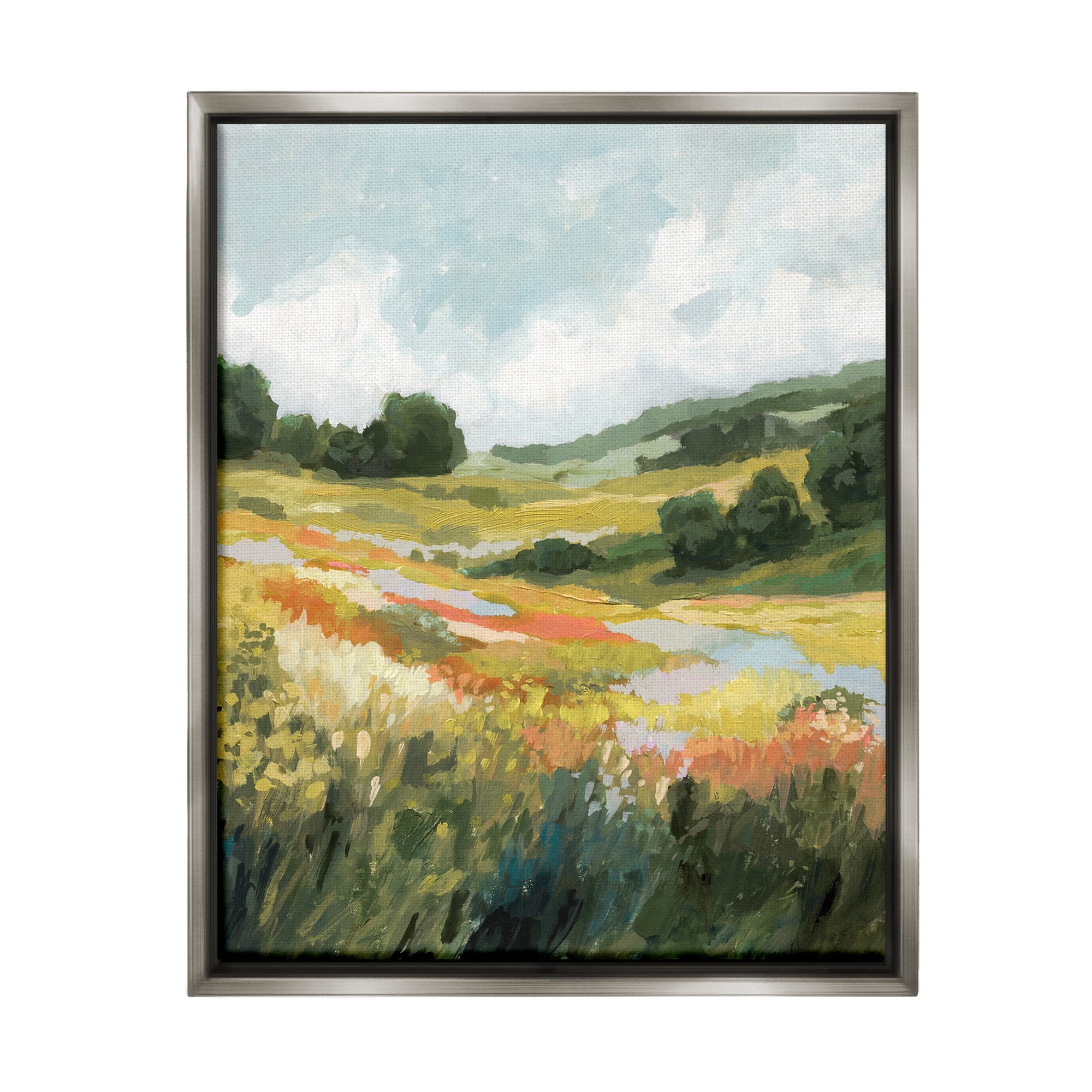 Stupell Industries Meadow with Distant Hills Landscape Painting Gray Floater Framed Canvas Art Print Wall Art, 17 x 21