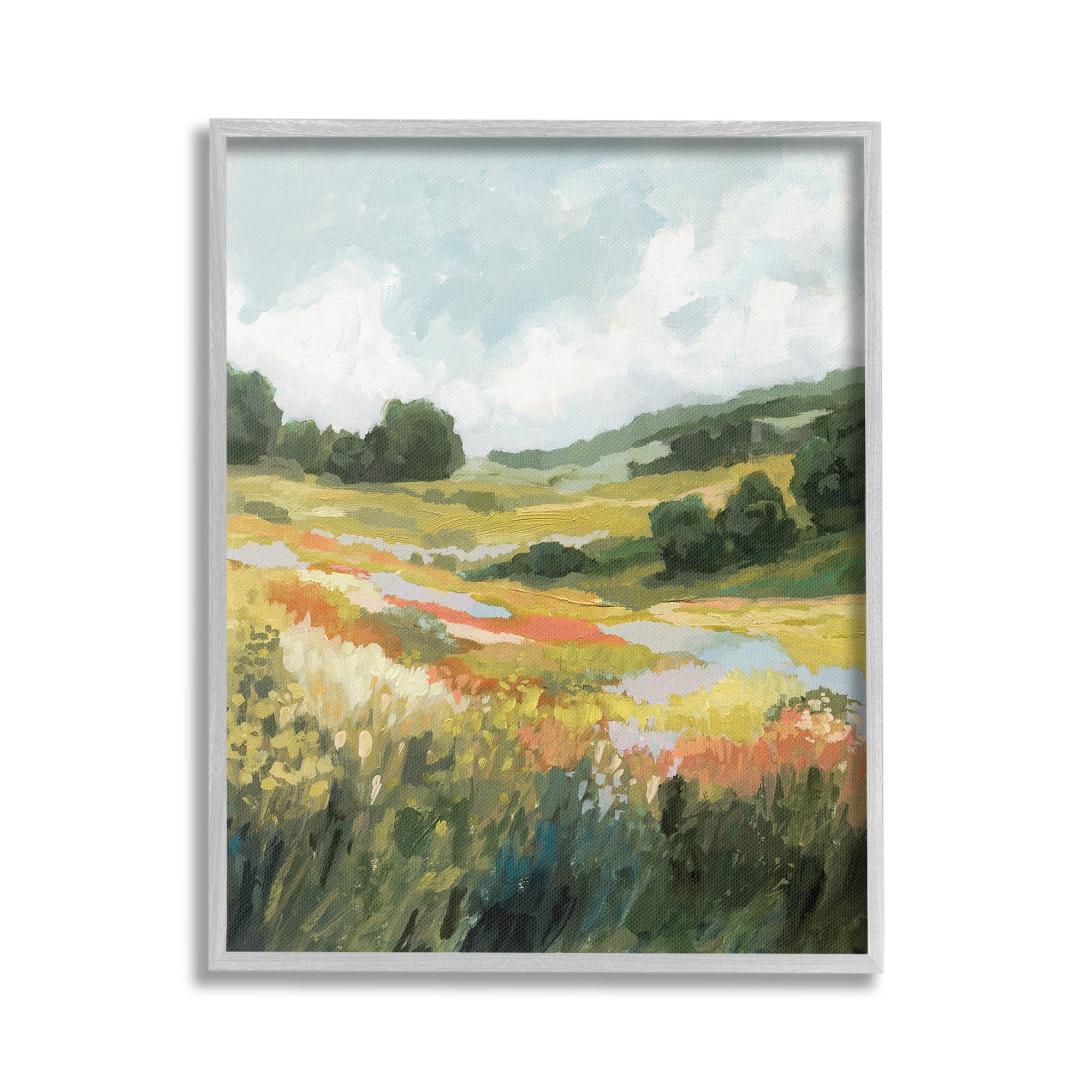 Stupell Industries Meadow with Distant Hills Landscape Painting Gray Framed Art Print Wall Art, 24 x 30