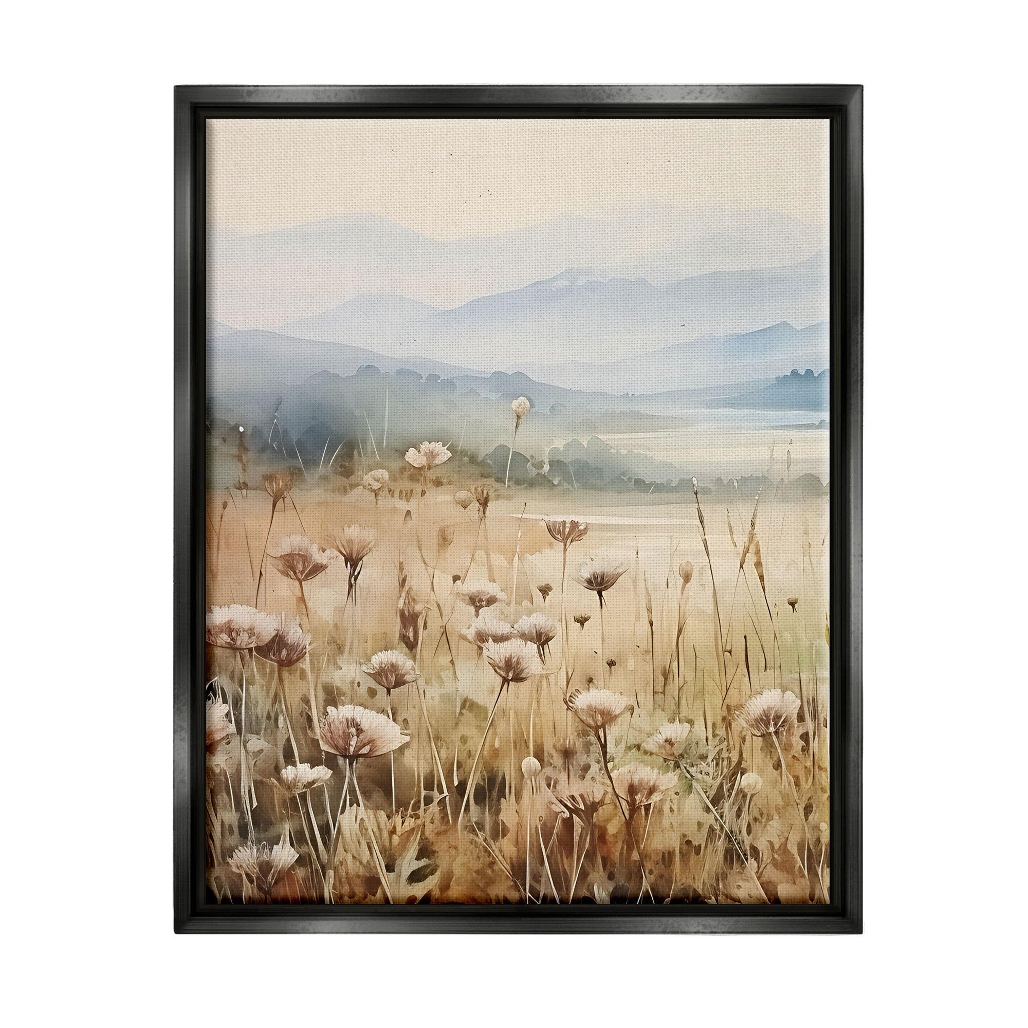 Stupell Industries Meadow with Foggy Mountains Landscape Painting Black Floater Framed Canvas Art Print Wall Art, 25 x 31