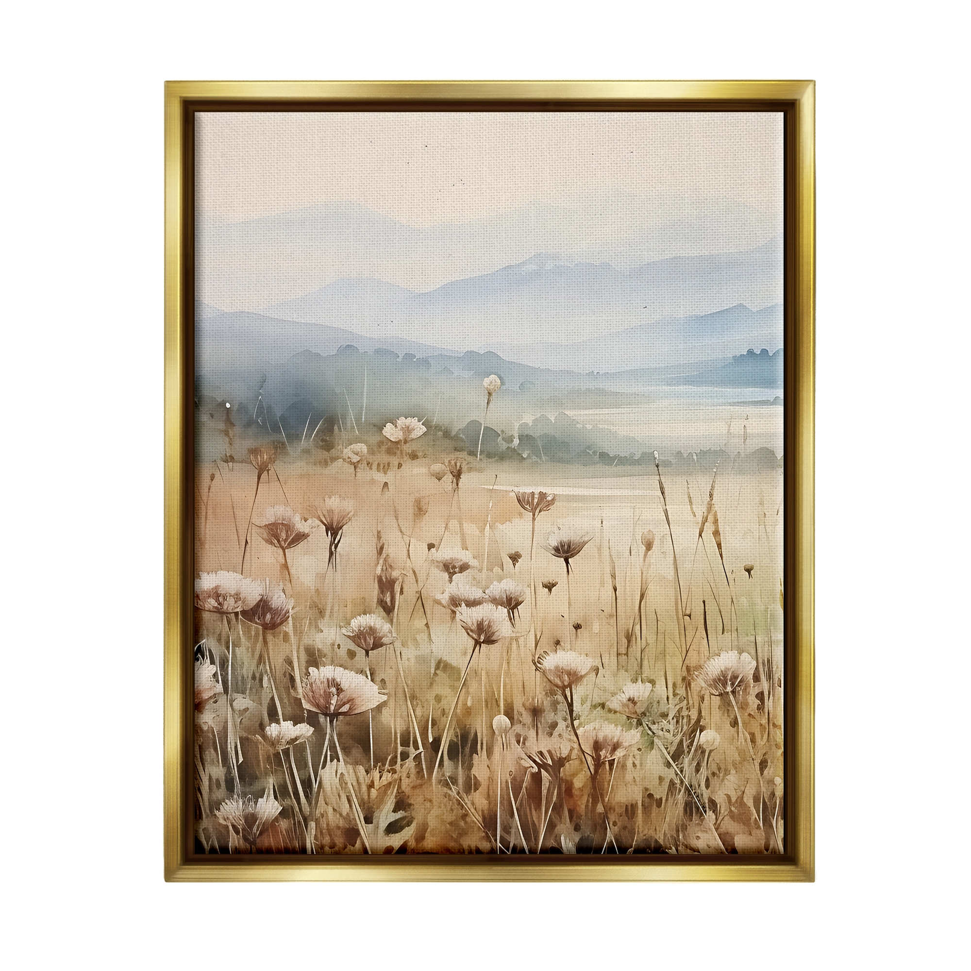 Stupell Industries Meadow with Foggy Mountains Landscape Painting Gold Floater Framed Canvas Art Print Wall Art, 17 x 21