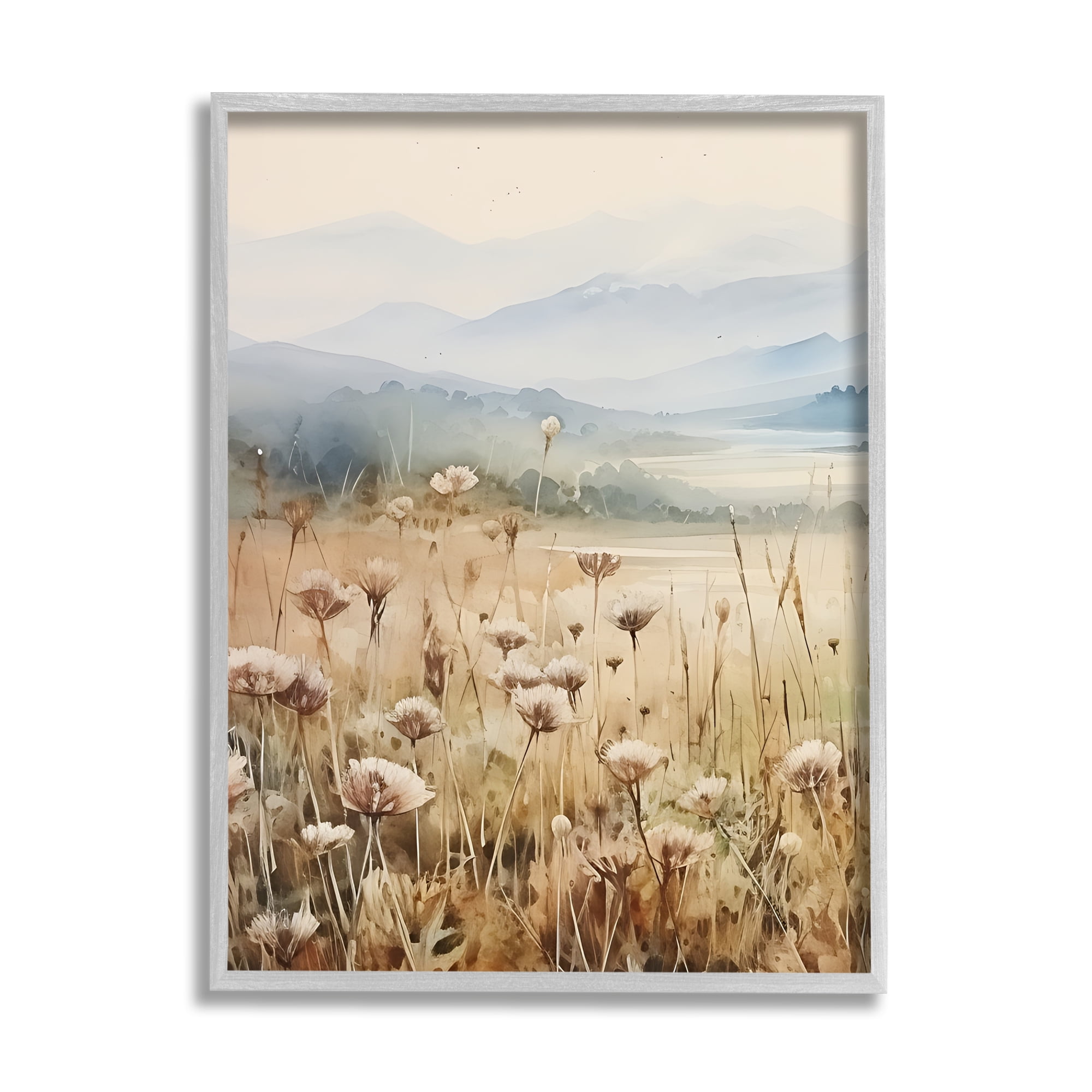 Stupell Industries Meadow with Foggy Mountains Landscape Painting Gray Framed Art Print Wall Art, 24 x 30