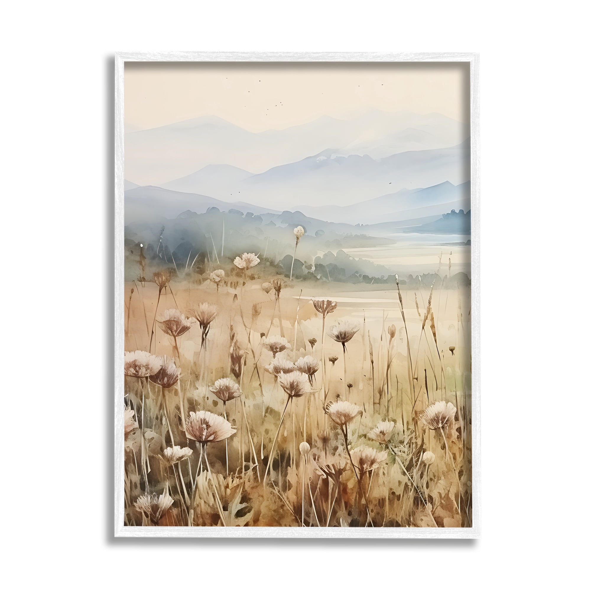 Stupell Industries Meadow with Foggy Mountains Landscape Painting White Framed Art Print Wall Art, 11 x 14