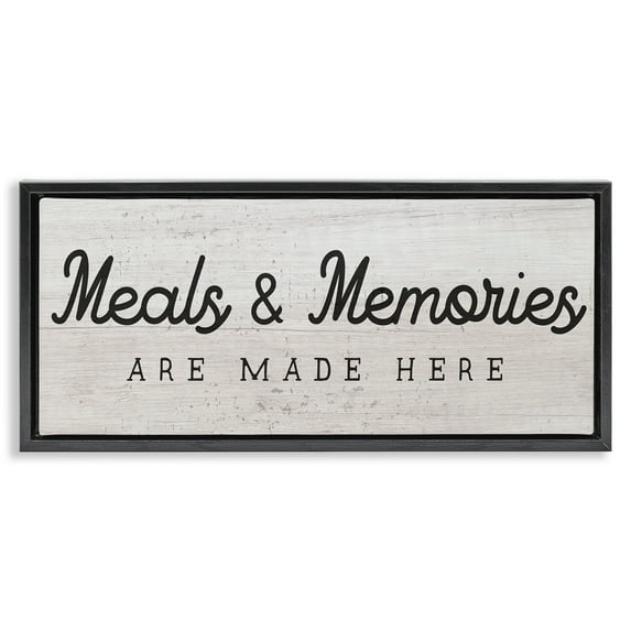 Stupell Industries Meals & Memories Kitchen Sign Food & Beverage Painting Black Floater Framed Canvas Art Print Wall Art, 31 x 14