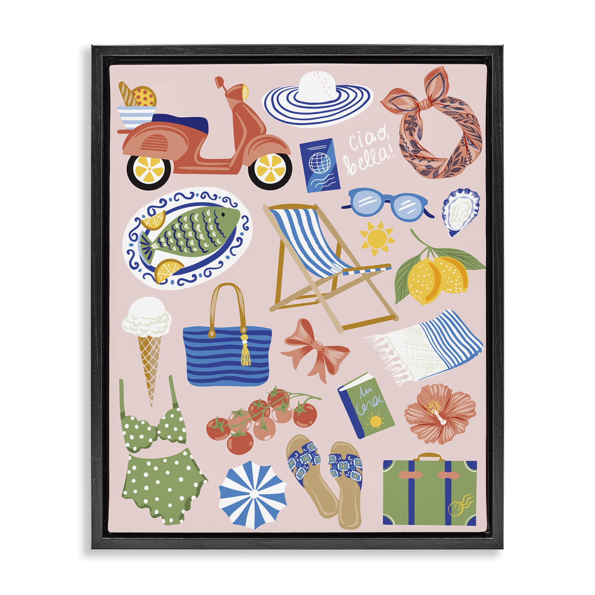 Stupell Industries Mediterranean Coast Necessities Nautical & Beach Painting Black Floater Framed Canvas Art Print Wall Art, 25 x 31